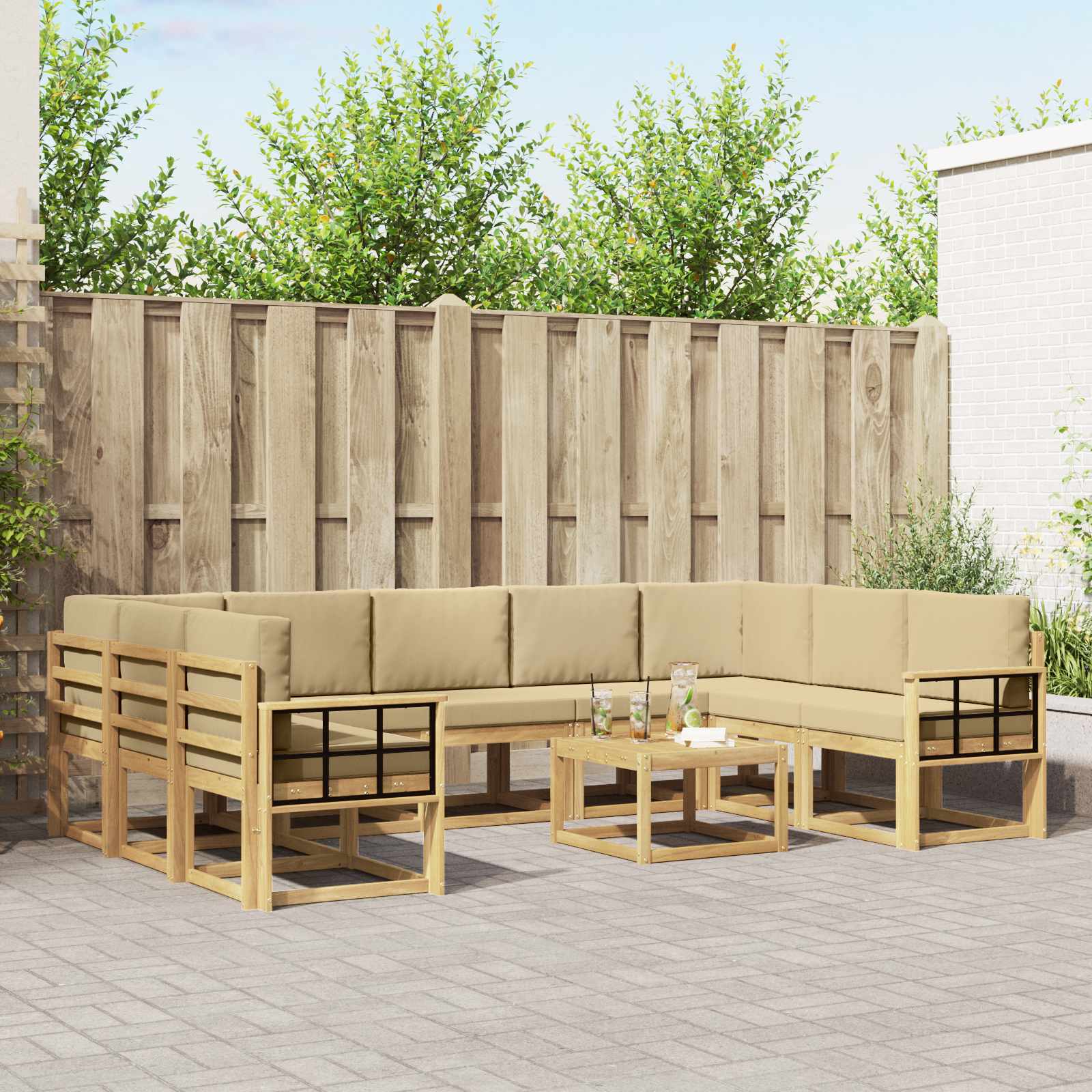 Buiten bankenset 10 pcs Wit en Beige 59 x 59 x 37 cm Polyester