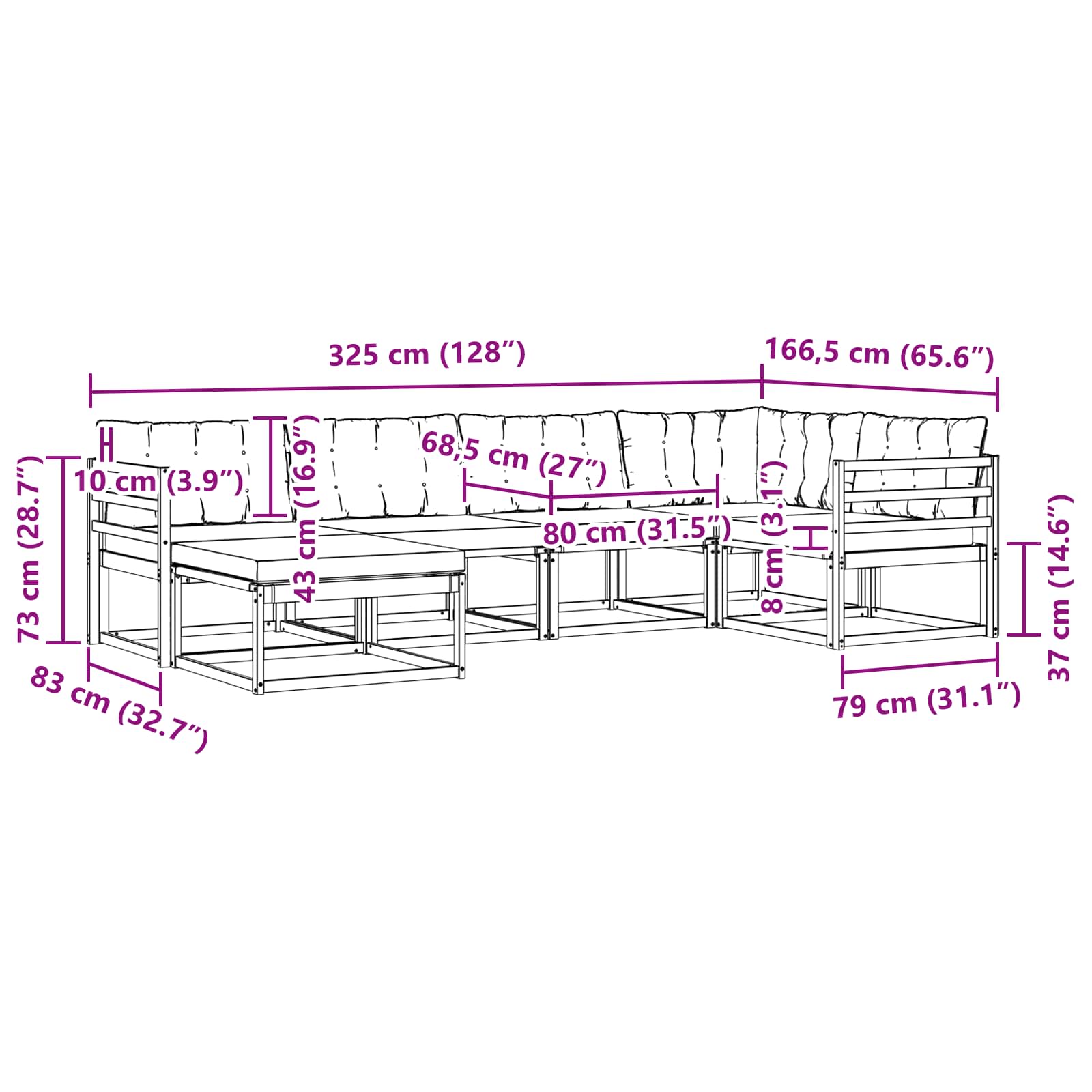 Buiten bankenset 6 pcs Wit en Lichtgrijs 325 x 166,5 x 73 cm – afbeelding 10