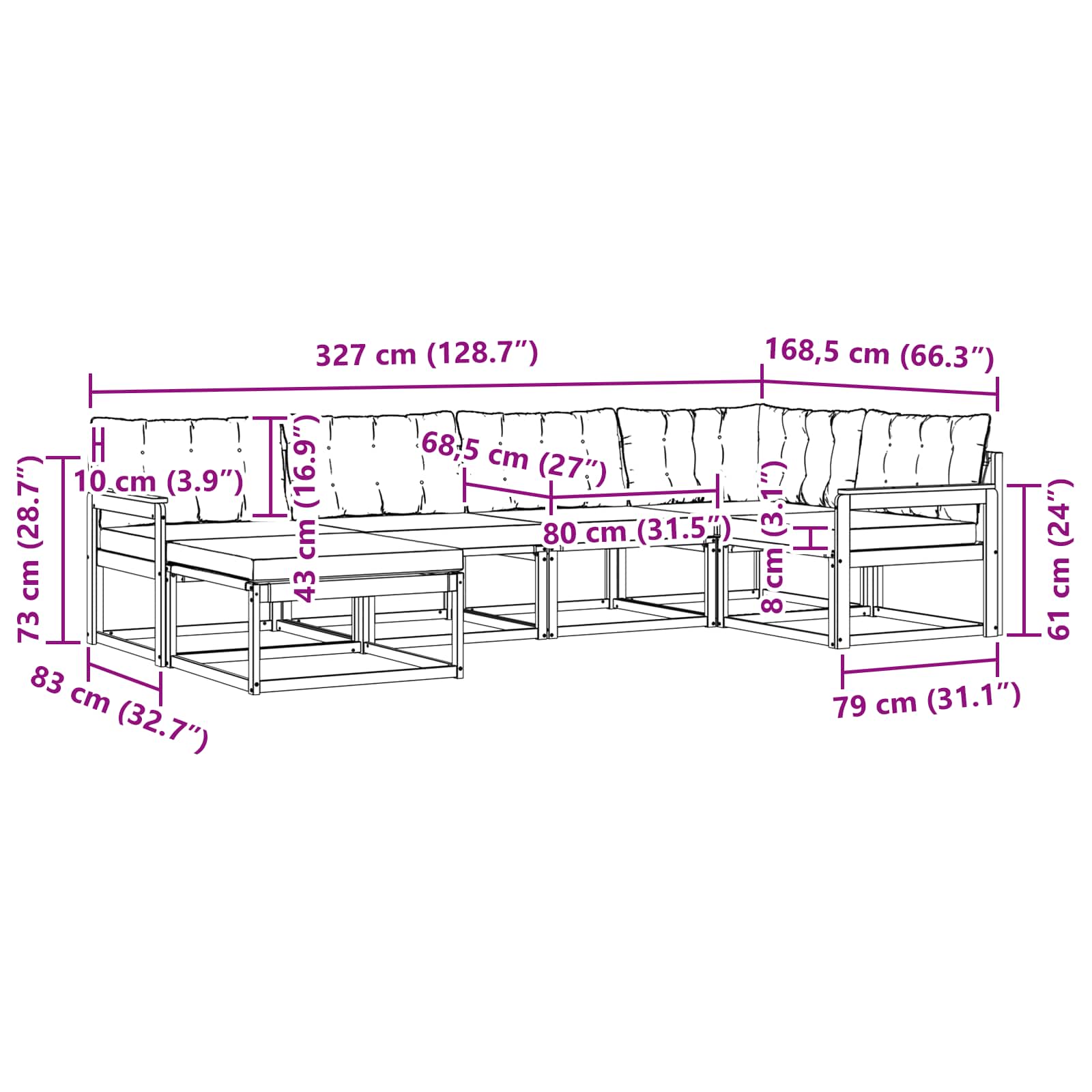 Buiten bankenset 6 pcs Wit en Lichtgrijs 327 x 168,5 x 73 cm – afbeelding 10