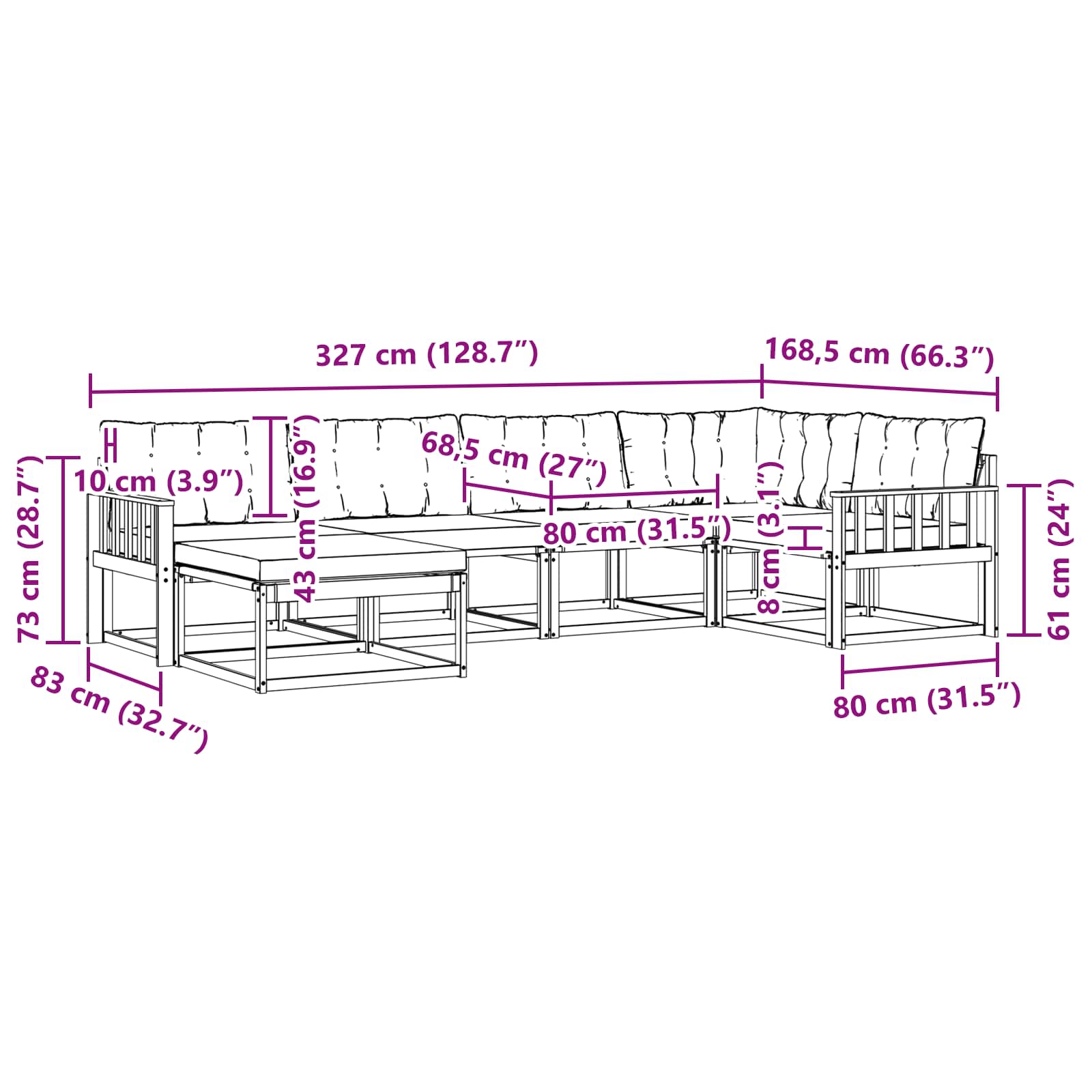 Buiten bankenset 6 pcs Wit en Lichtgrijs 327 x 168,5 x 73 cm – afbeelding 10