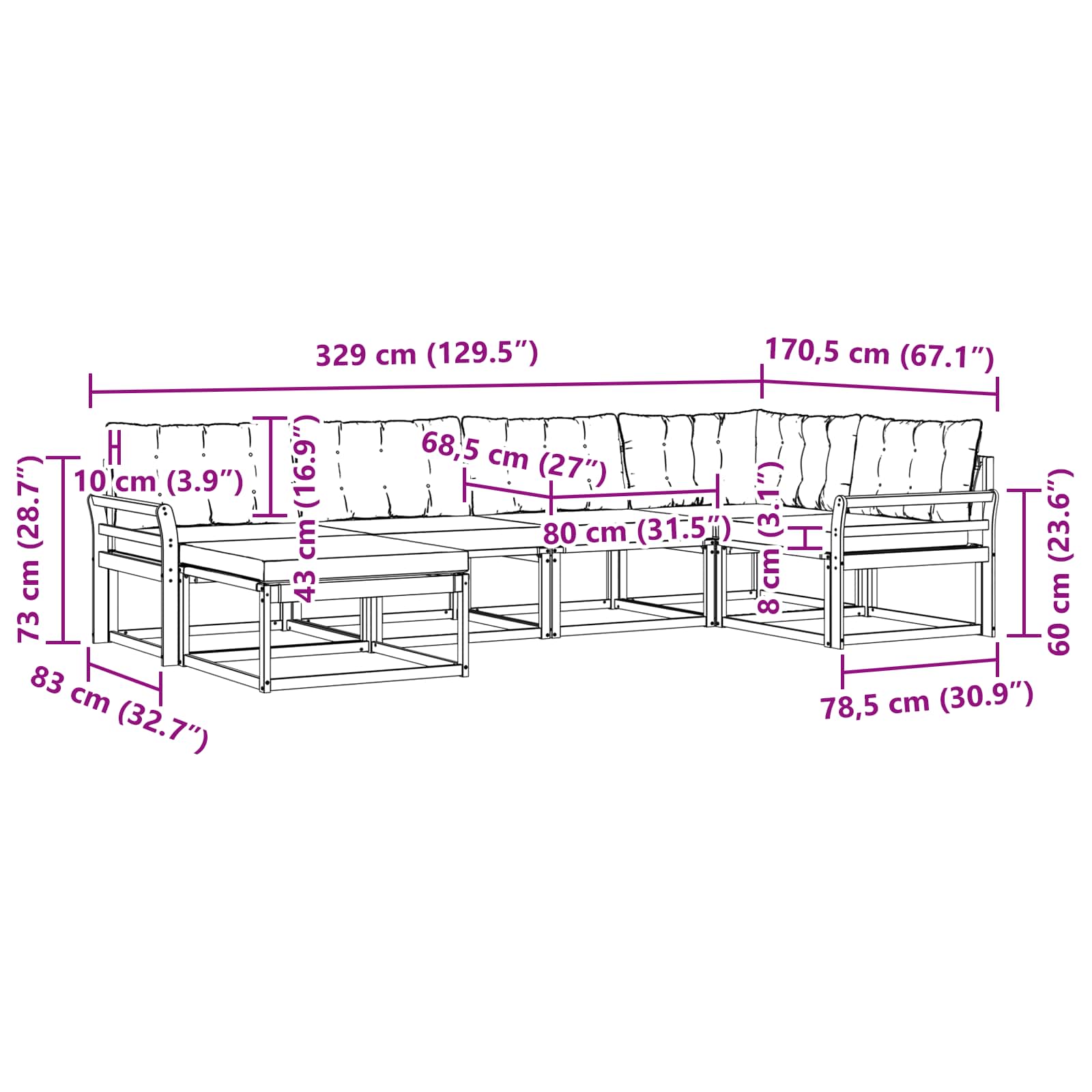 Buiten bankenset 6 pcs Wit en Lichtgrijs 329 x 170,5 x 73 cm – afbeelding 10