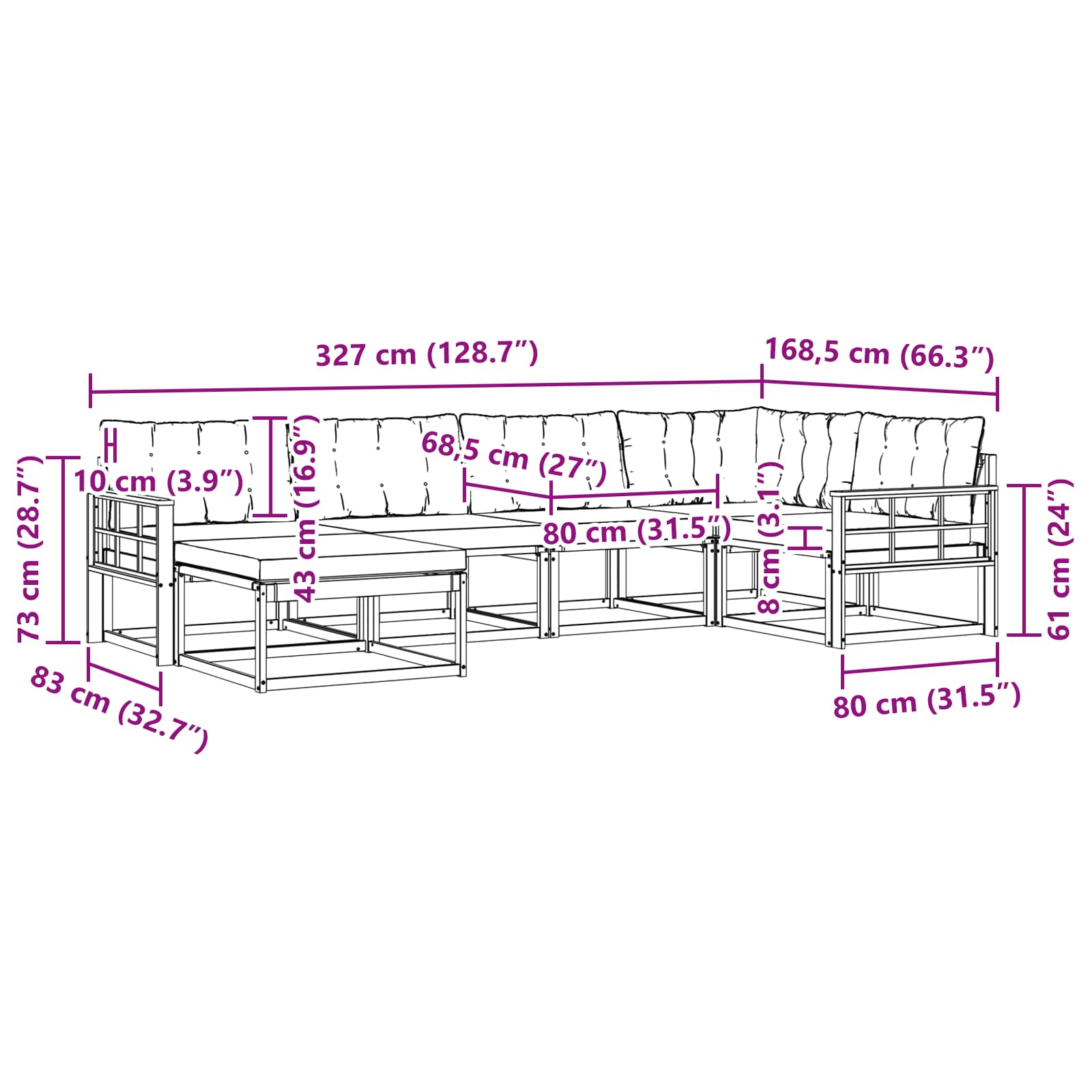 Buiten bankenset 6 pcs Wit en Lichtgrijs 327 x 168,5 x 73 cm – afbeelding 10