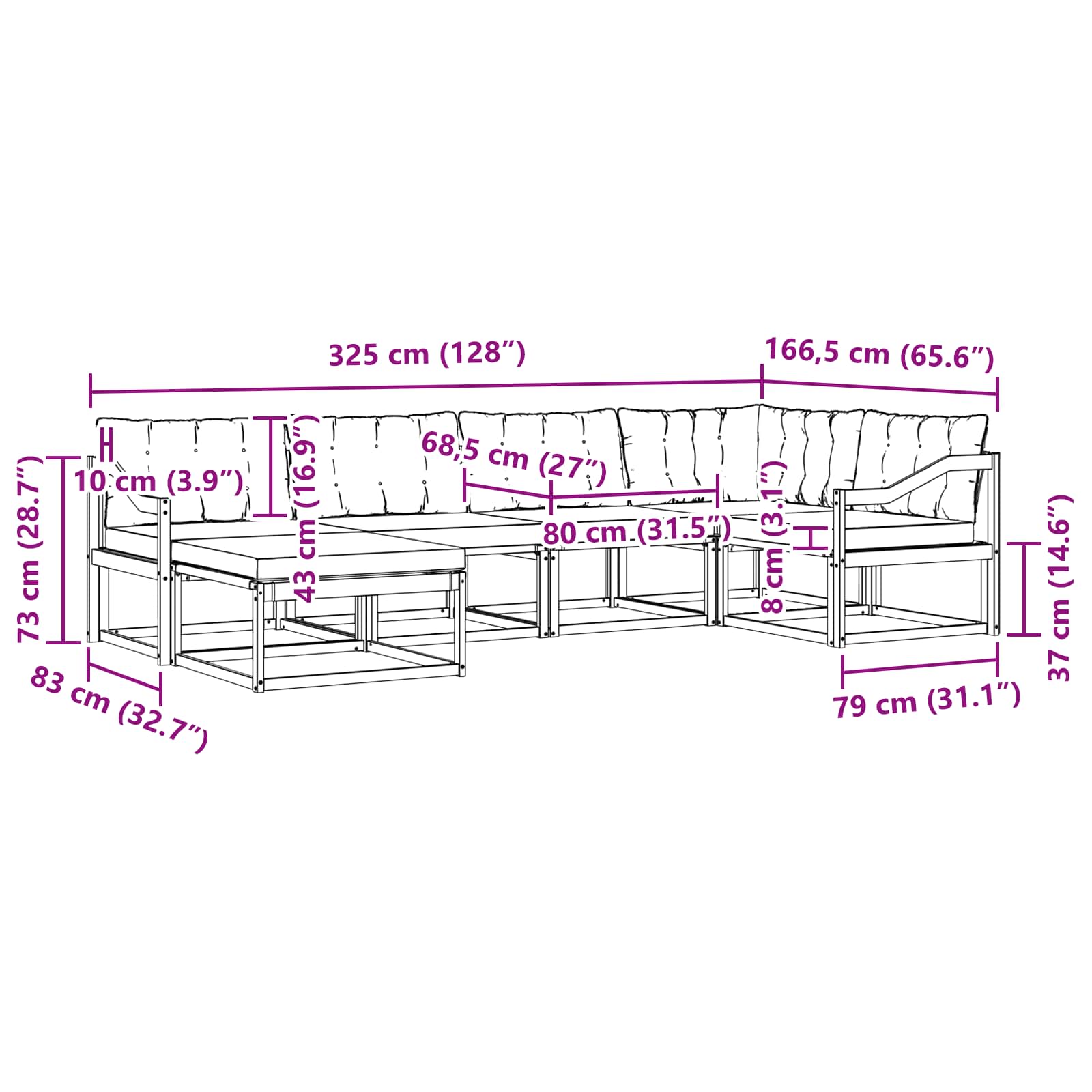 Buiten bankenset 6 pcs Wit en Lichtgrijs 325 x 166,5 x 73 cm – afbeelding 10