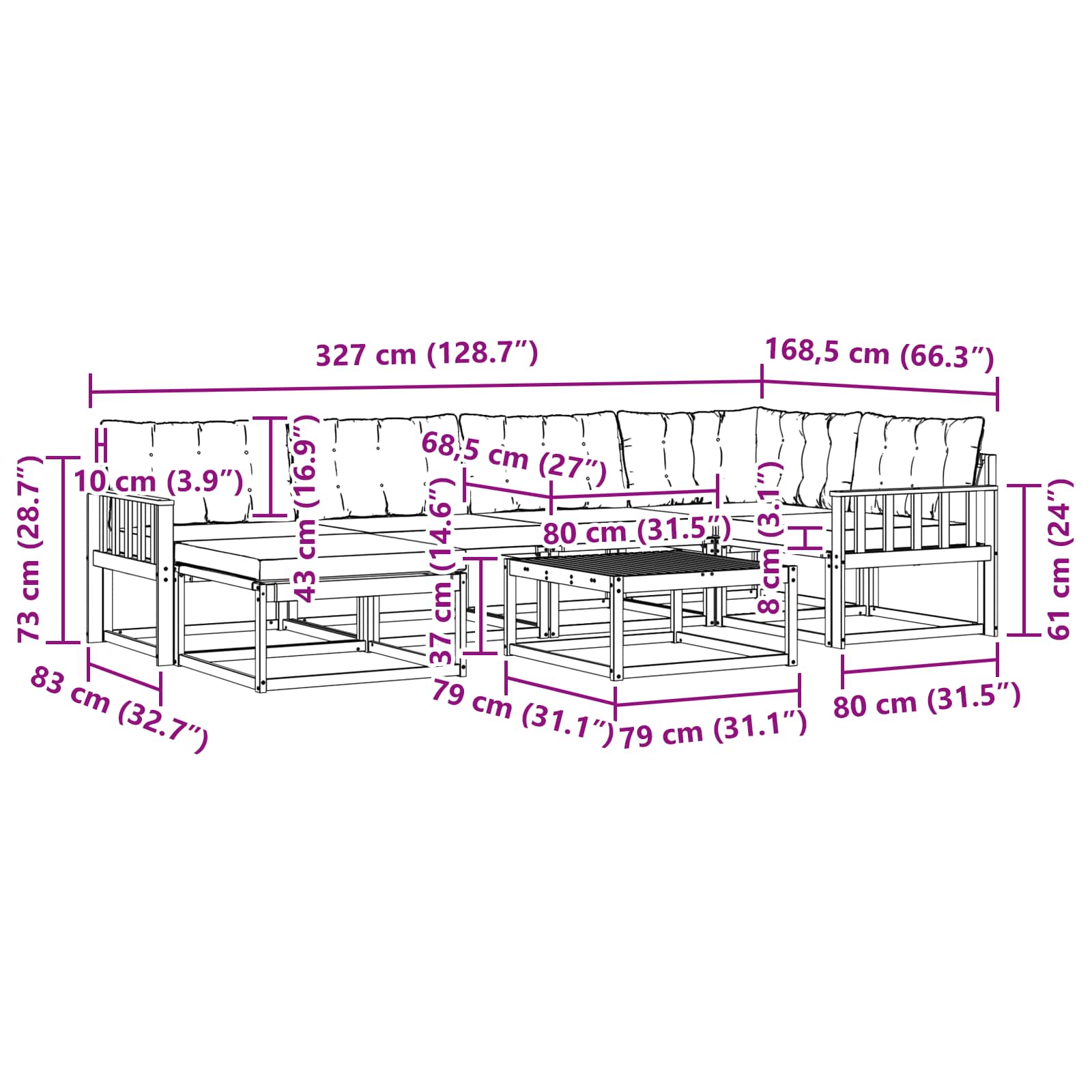 Buiten bankenset 7 pcs Wit en Lichtgrijs 79 x 79 x 37 cm – afbeelding 11