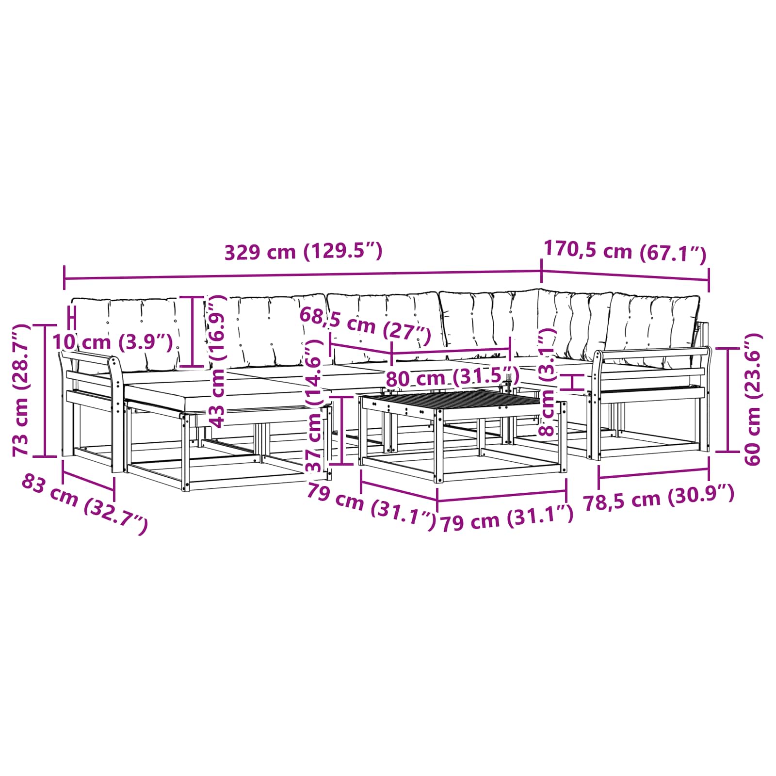 Buiten bankenset 7 pcs Wit en Lichtgrijs 79 x 79 x 37 cm – afbeelding 11