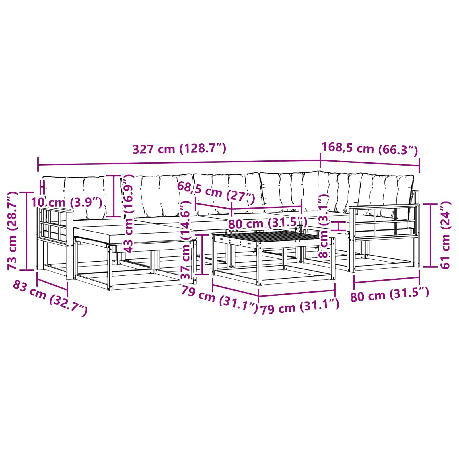 Buiten bankenset 7 pcs Wit en Lichtgrijs 79 x 79 x 37 cm – afbeelding 11
