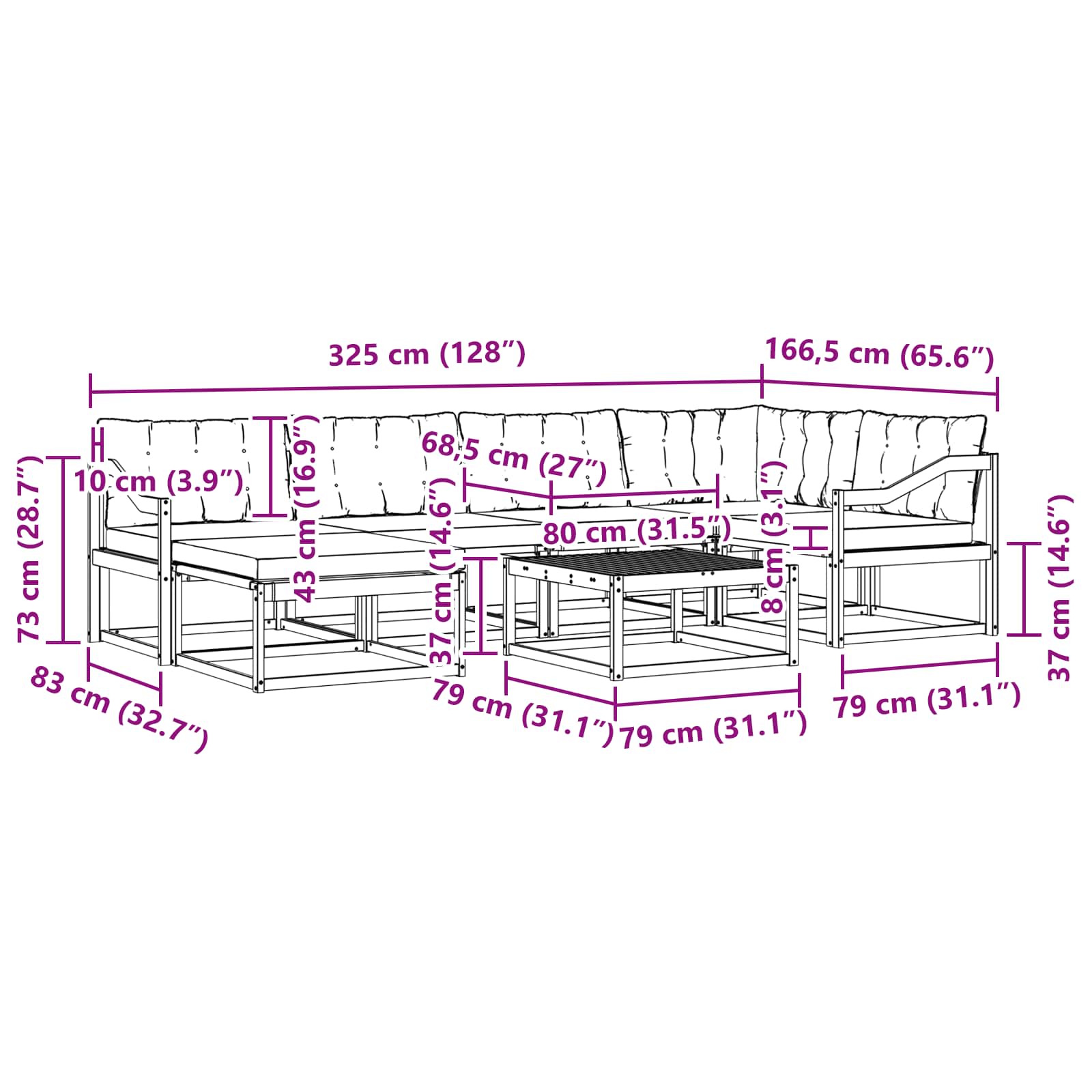 Buiten bankenset 7 pcs Wit en Lichtgrijs 79 x 79 x 37 cm – afbeelding 11