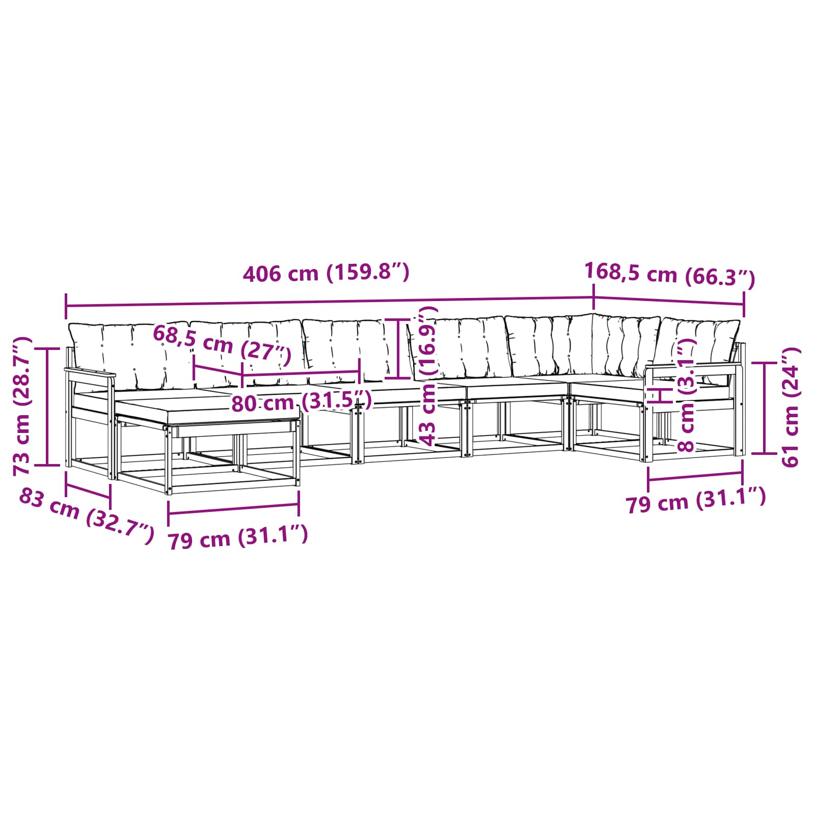 Buiten bankenset 7 pcs Wit en Lichtgrijs 406 x 168,5 x 73 cm – afbeelding 11