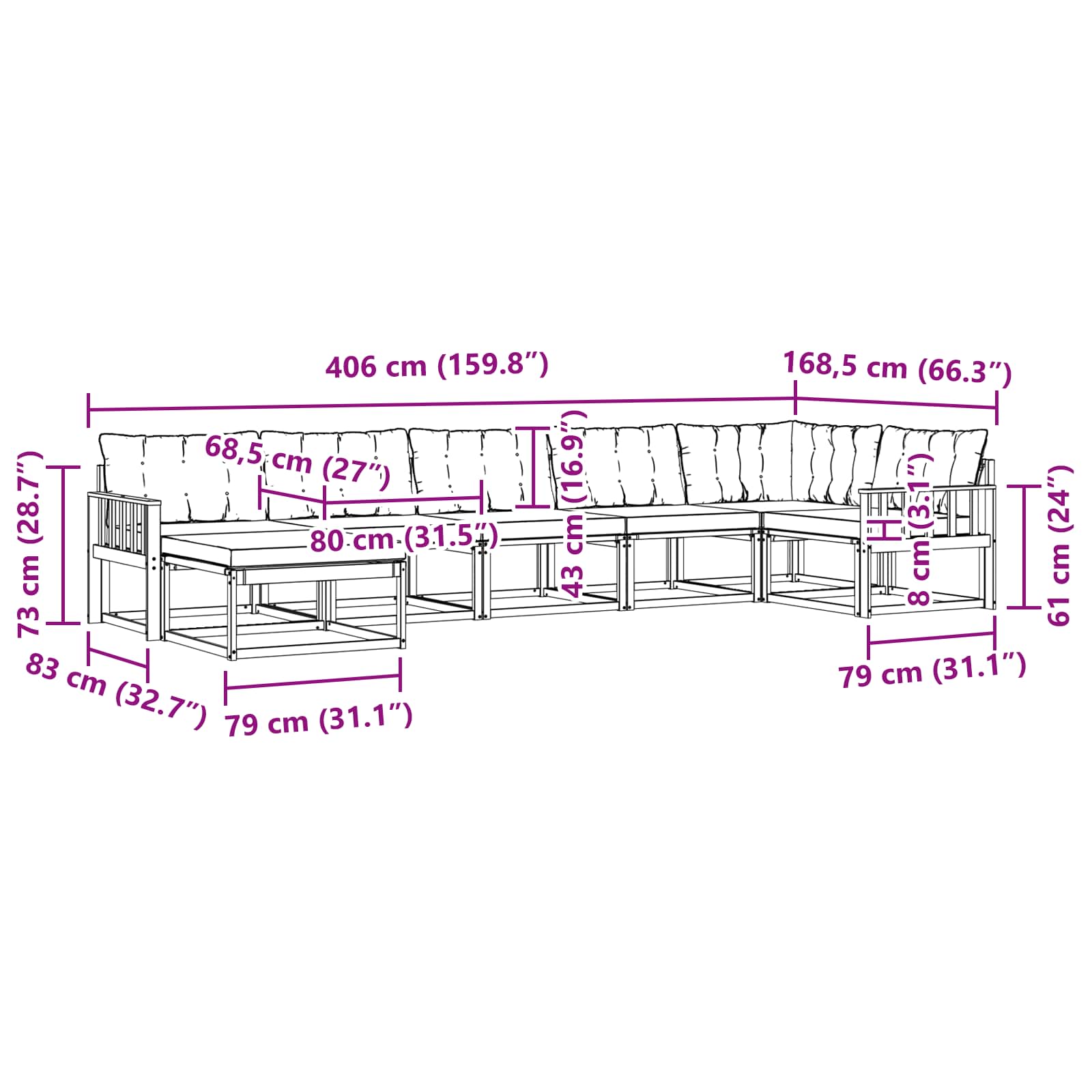 Buiten bankenset 7 pcs Wit en Lichtgrijs 406 x 168,5 x 73 cm – afbeelding 11