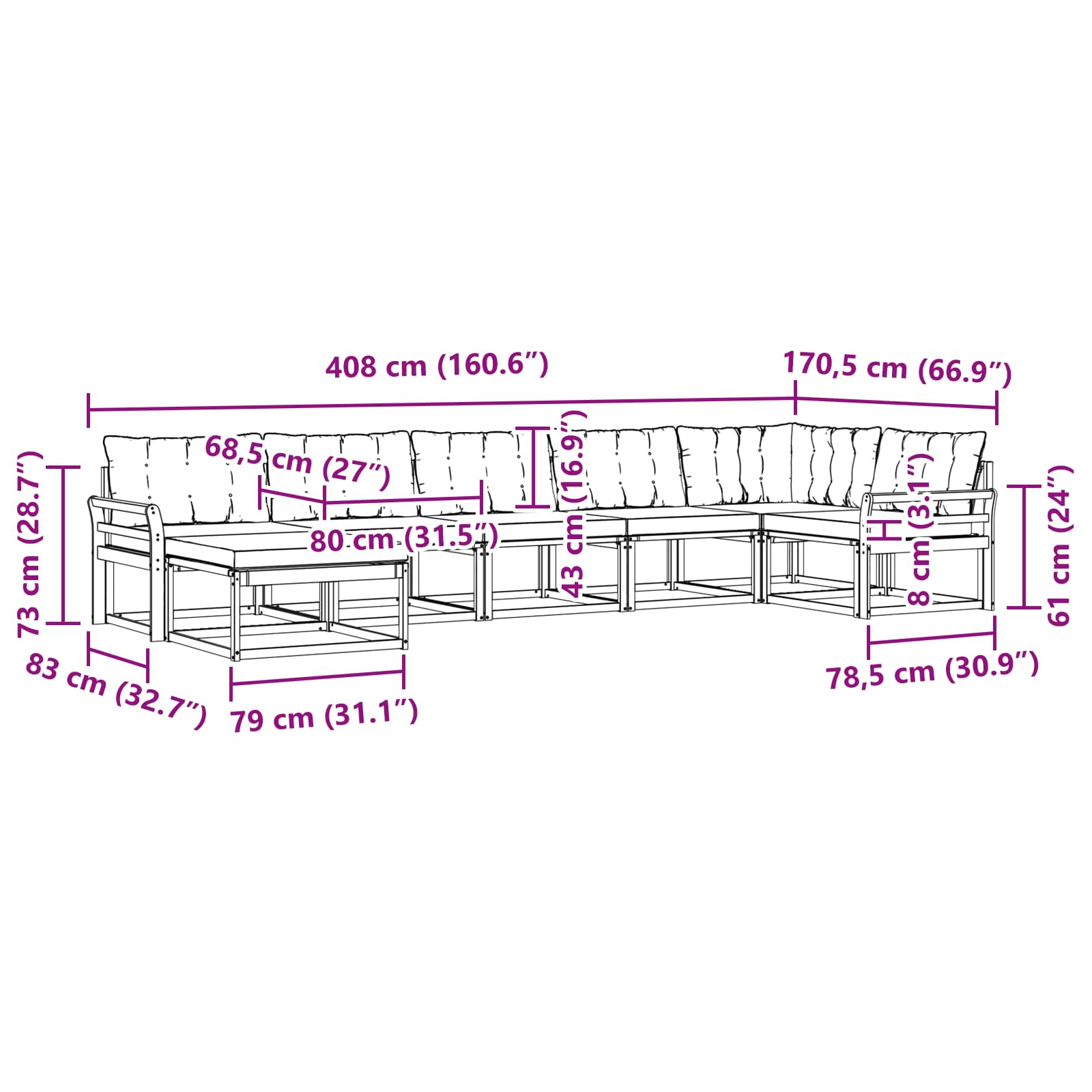 Buiten bankenset 7 pcs Wit en Lichtgrijs 408 x 170,5 x 73 cm – afbeelding 11