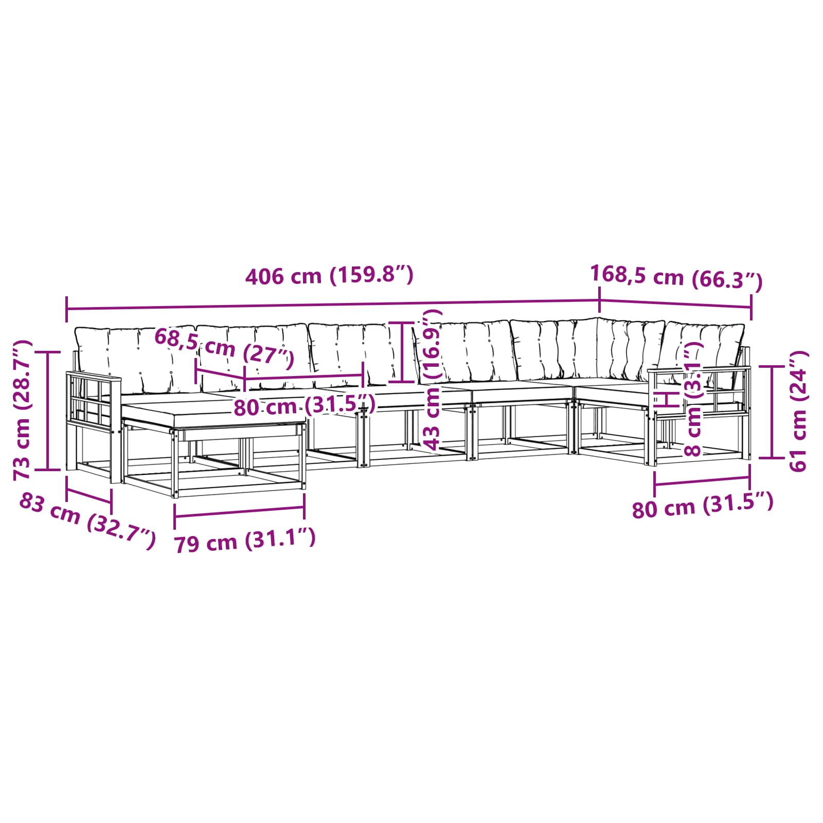 Buiten bankenset 7 pcs Wit en Lichtgrijs 406 x 168,5 x 73 cm – afbeelding 11