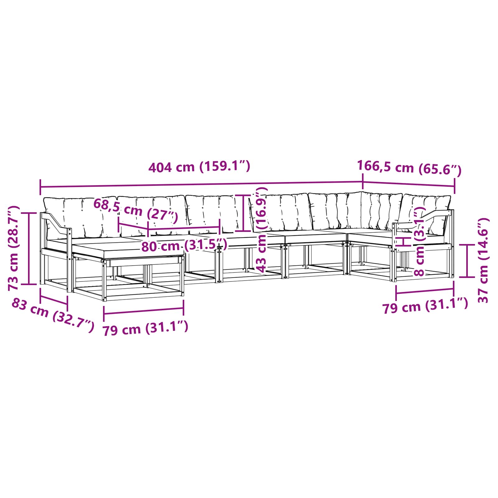 Buiten bankenset 7 pcs Wit en Lichtgrijs 404 x 166,5 x 73 cm – afbeelding 11