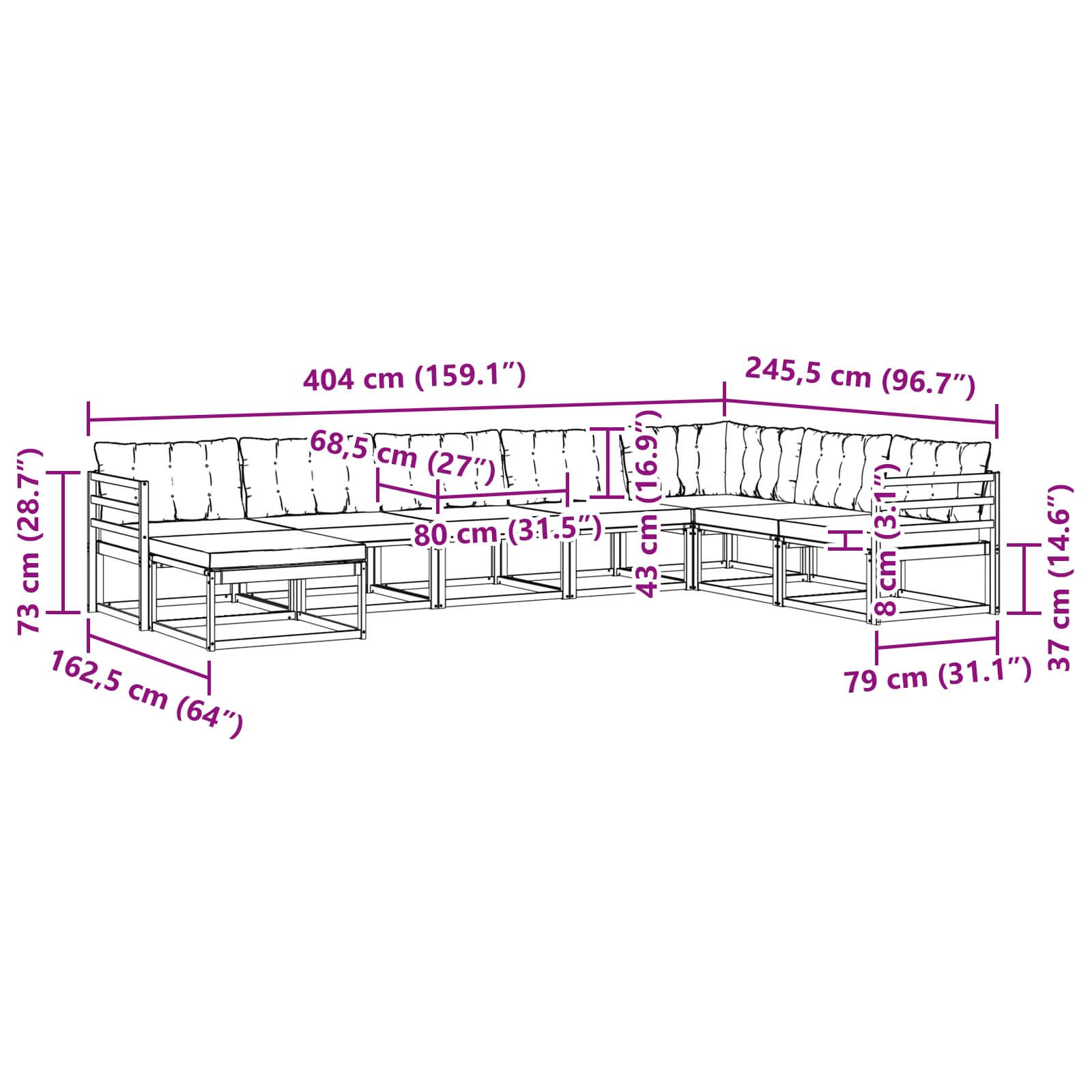Buiten bankenset 8 pcs Wit en Lichtgrijs 404 x 245,5 x 73 cm – afbeelding 10