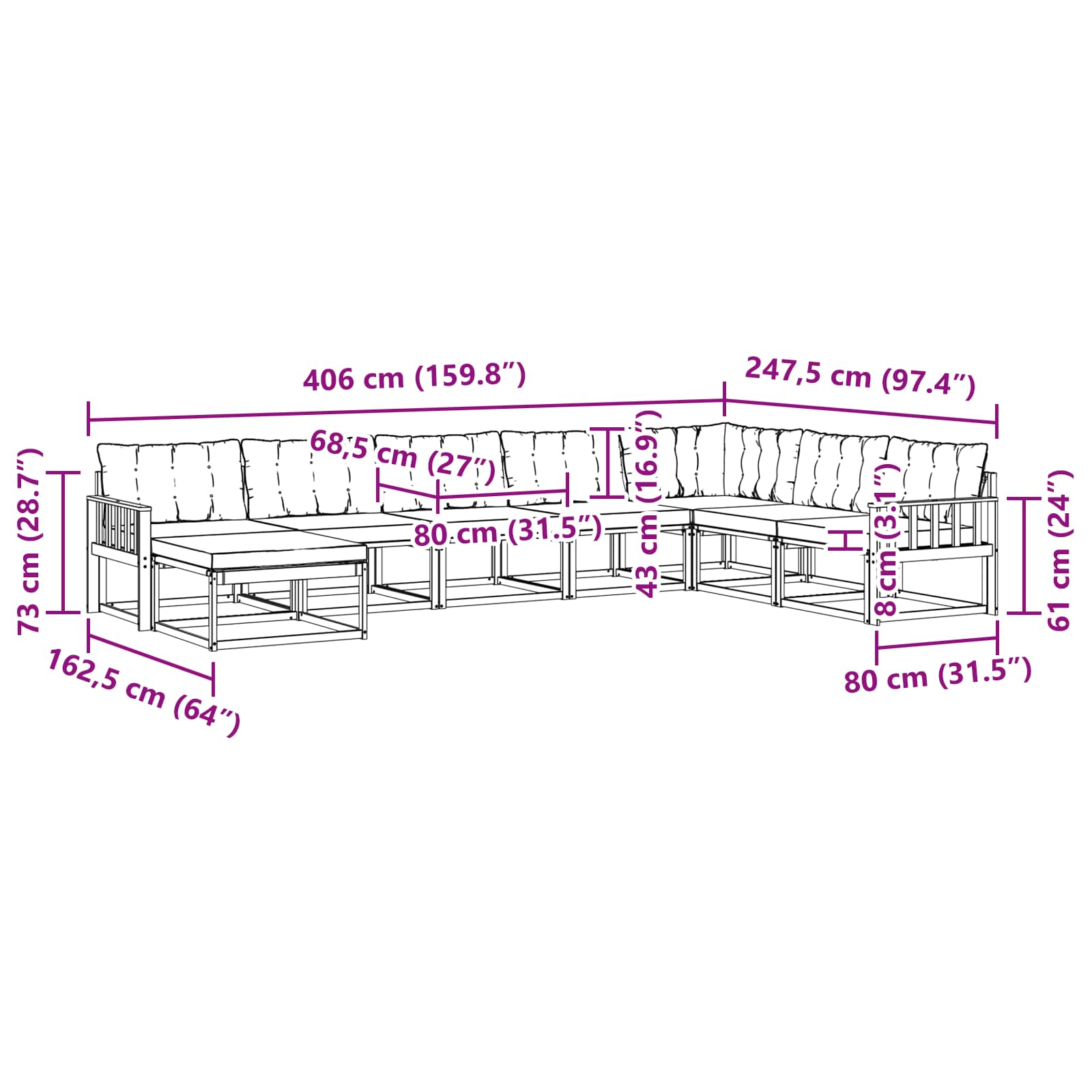 Buiten bankenset 8 pcs Wit en Lichtgrijs 406 x 247,5 x 73 cm – afbeelding 10