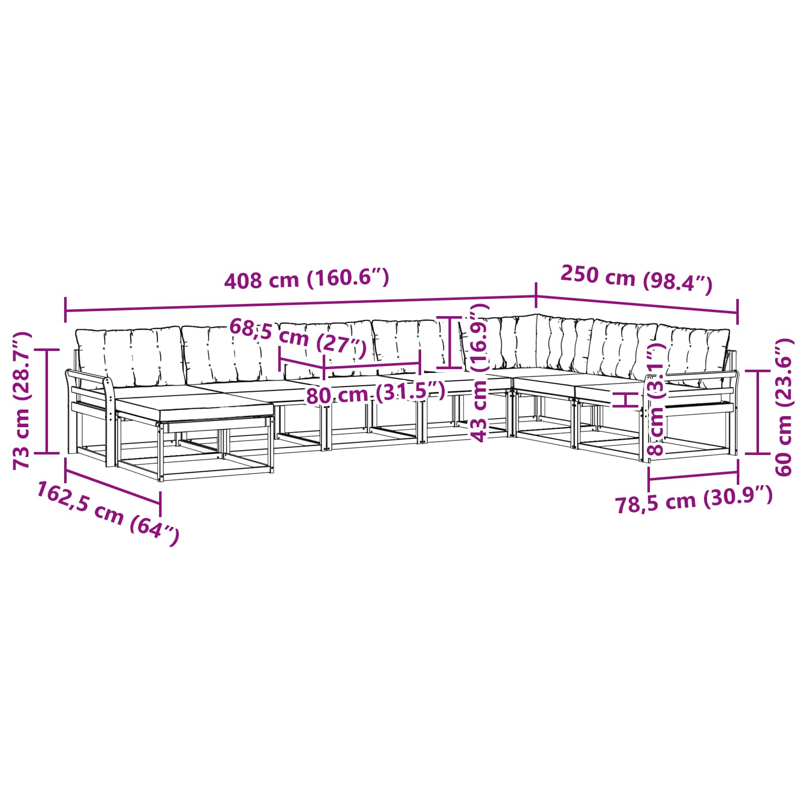 Buiten bankenset 8 pcs Wit en Lichtgrijs 408 x 250 x 73 cm – afbeelding 10