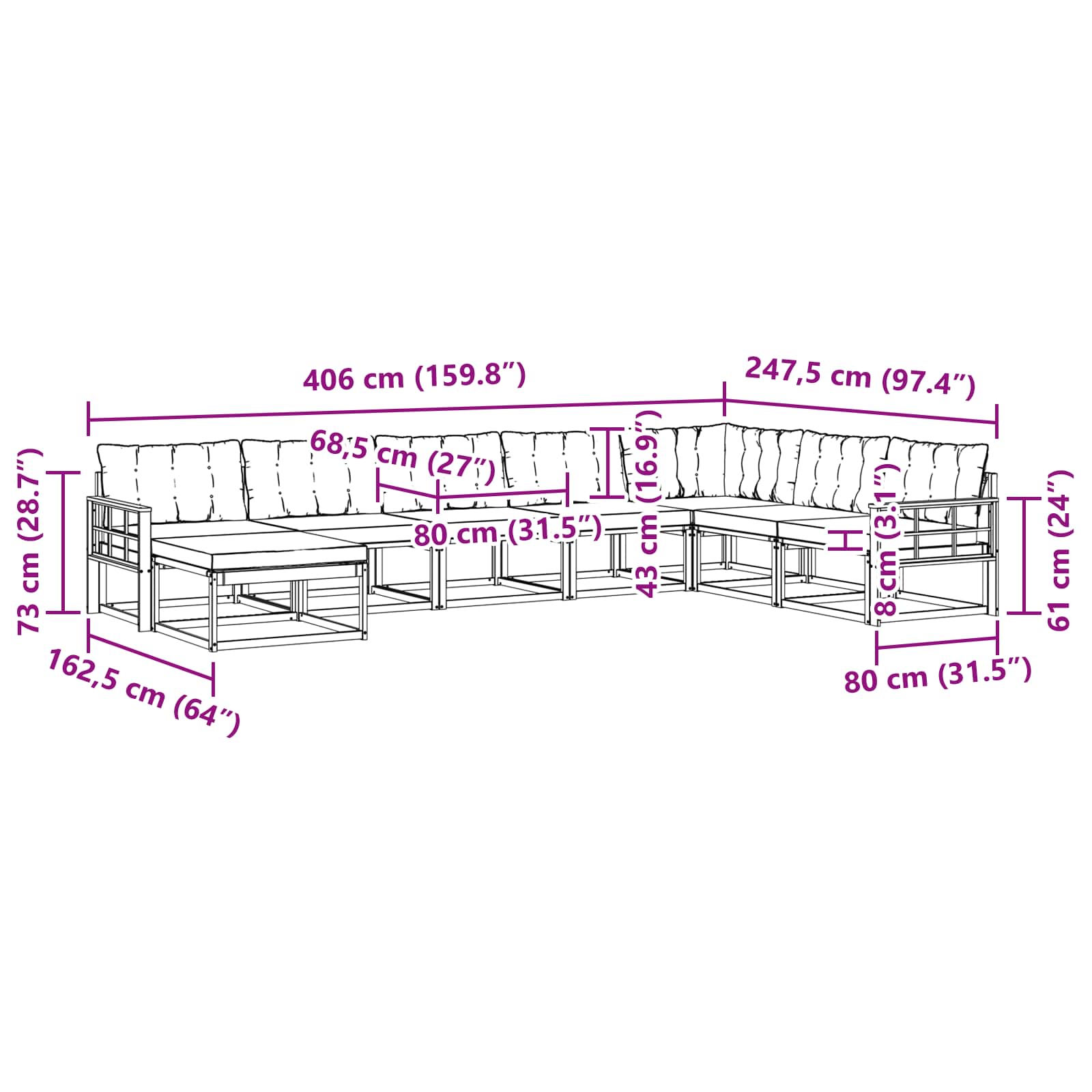 Buiten bankenset 8 pcs Wit en Lichtgrijs 406 x 247,5 x 73 cm – afbeelding 10