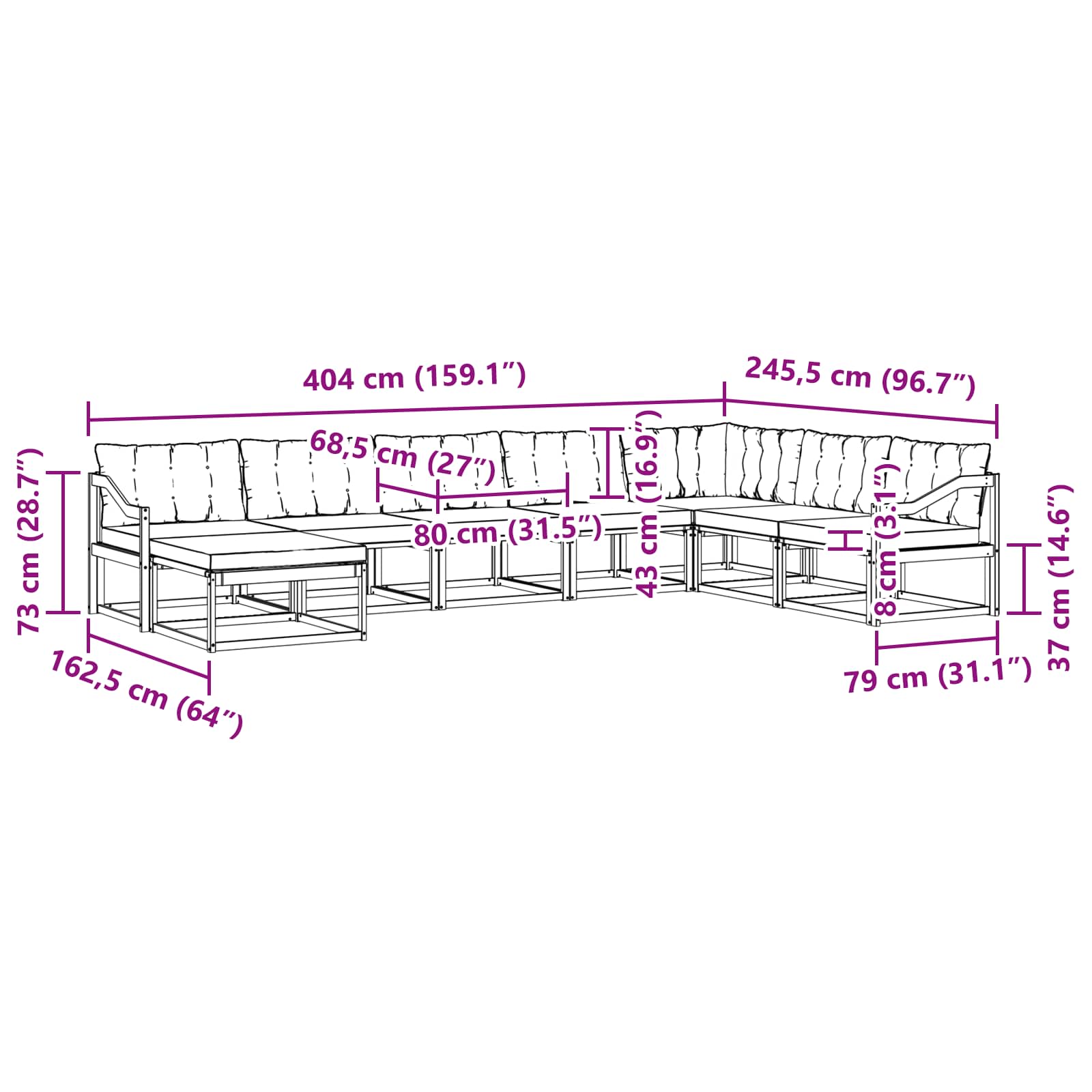 Buiten bankenset 8 pcs Wit en Lichtgrijs 404 x 245,5 x 73 cm – afbeelding 10