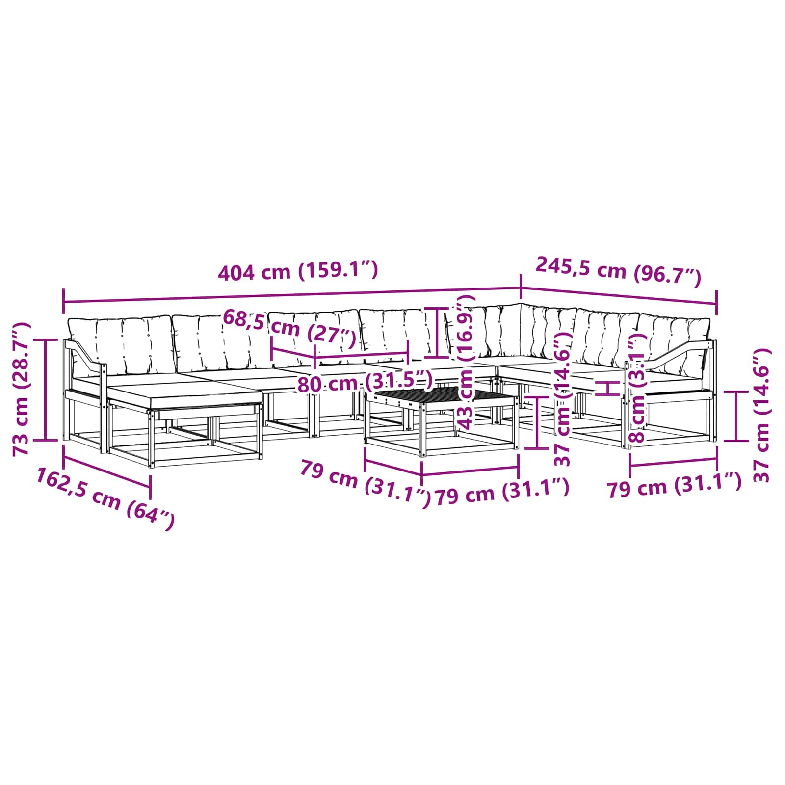 Buiten bankenset 9 pcs Wit en Lichtgrijs 79 x 79 x 37 cm – afbeelding 11