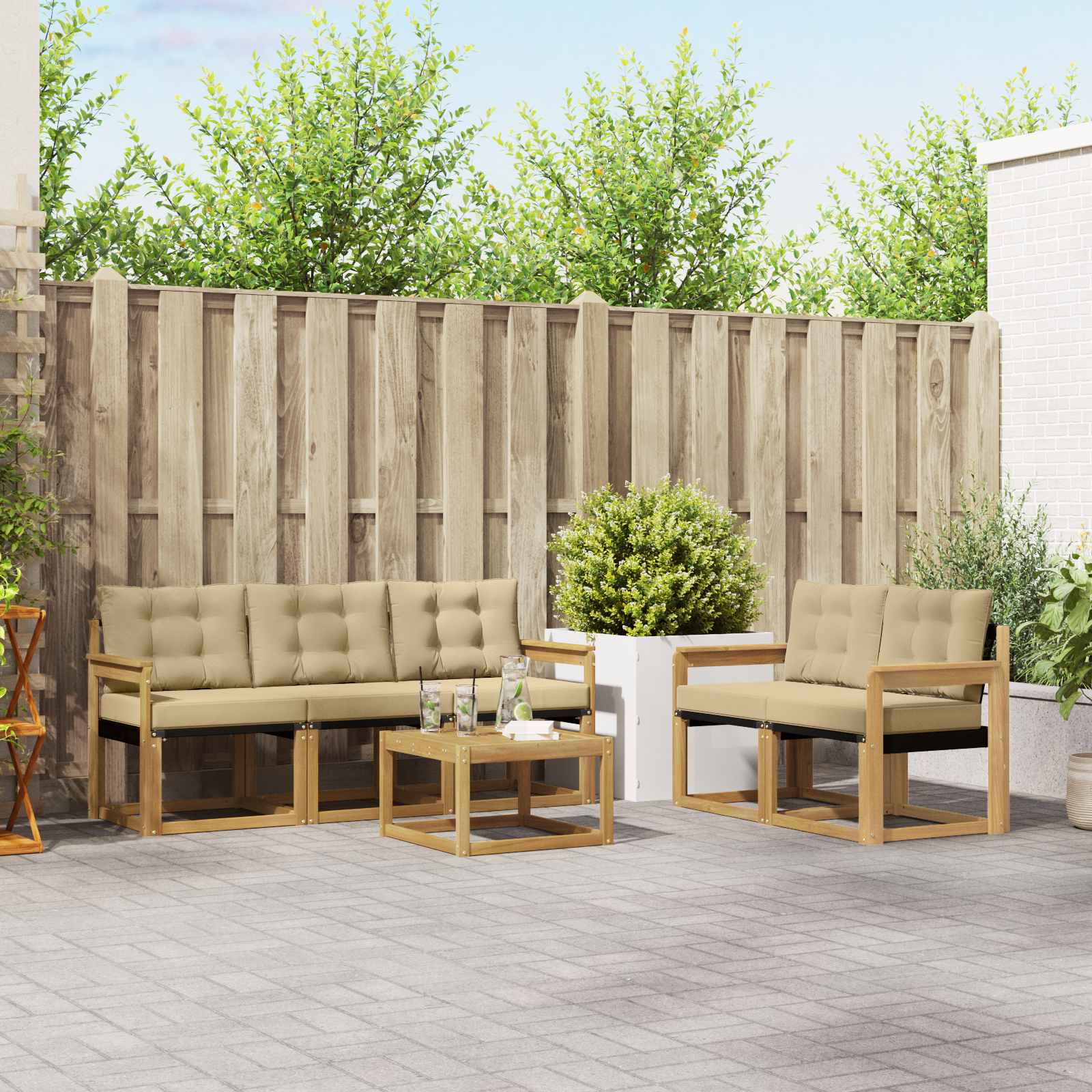 Buiten bankenset met kussen 6 pcs Wit en Beige – afbeelding 1