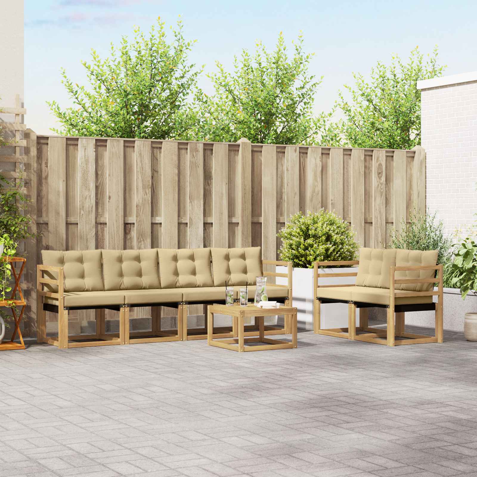 Buiten bankenset met kussen 7 pcs Wit en Beige – afbeelding 1