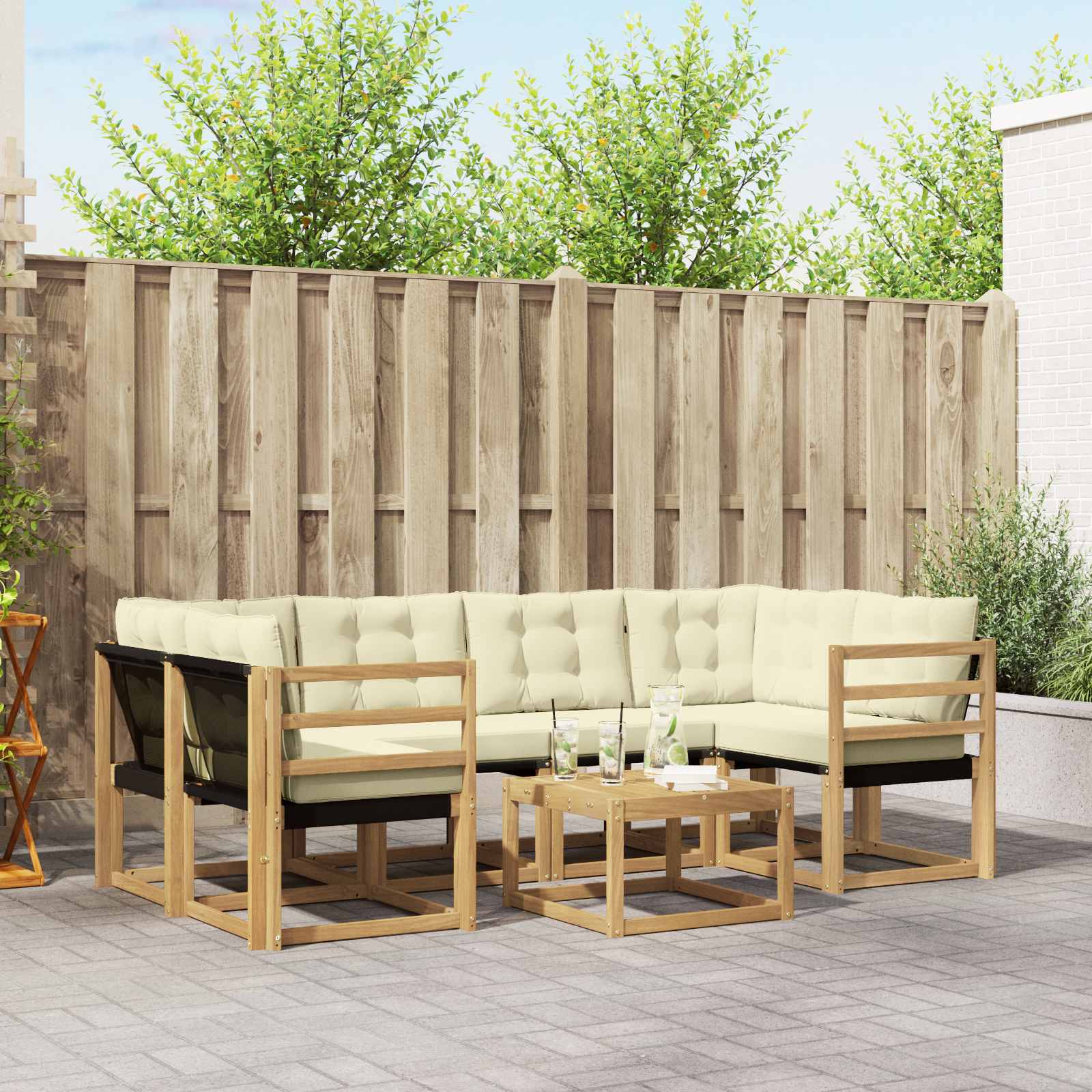 Buiten bankenset met kussen 7 pcs Wit en crèmekleurig