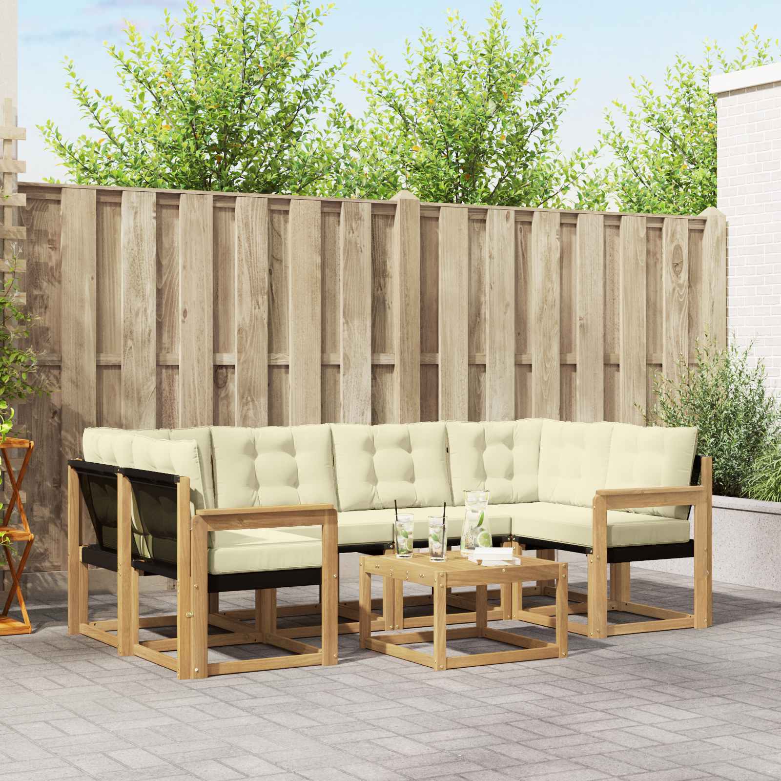 Buiten bankenset met kussen 7 pcs Wit en crèmekleurig
