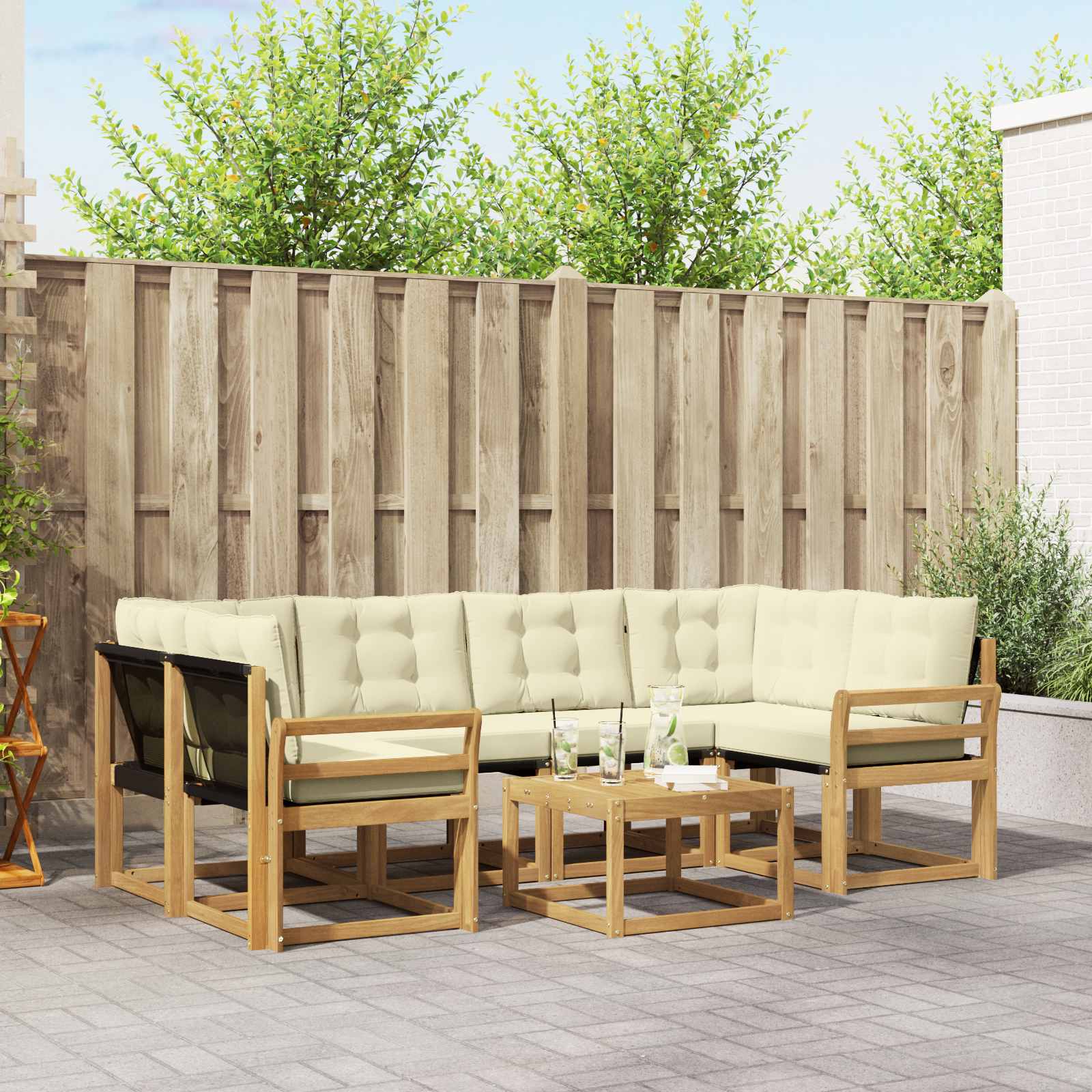 Buiten bankenset met kussen 7 pcs Wit en crèmekleurig – afbeelding 1