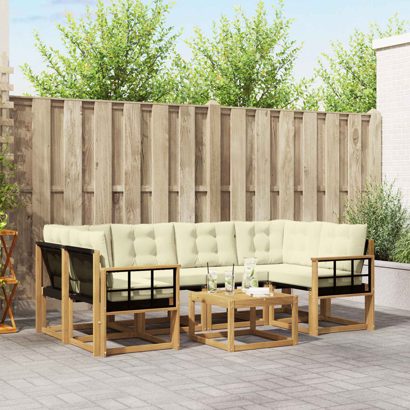Buiten bankenset met kussen 7 pcs Wit en crèmekleurig