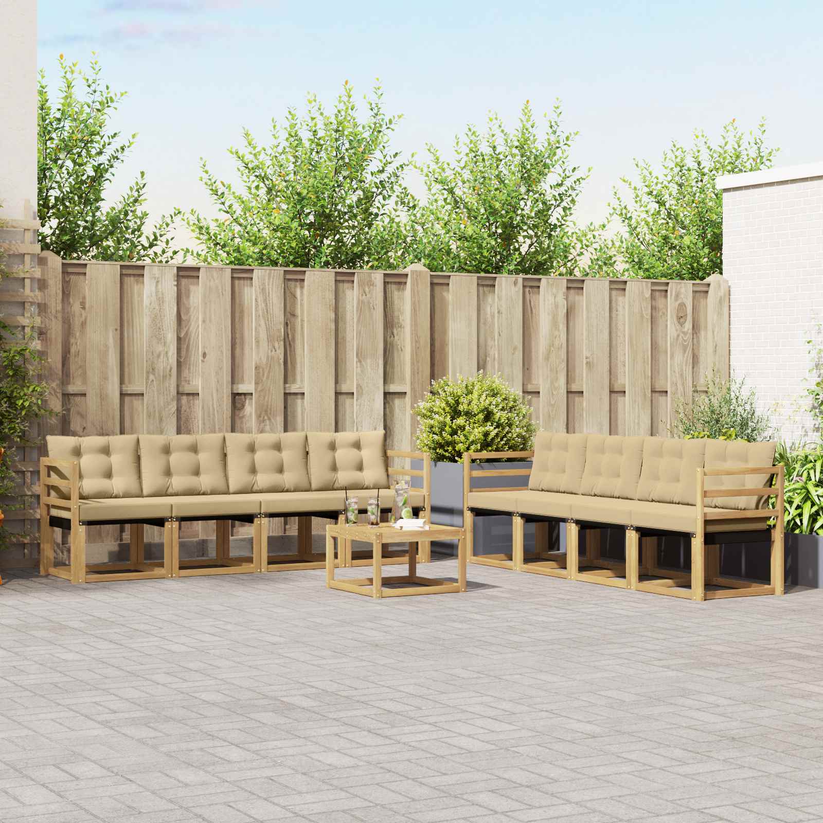 Buiten bankenset met kussen 9 pcs Wit en Beige
