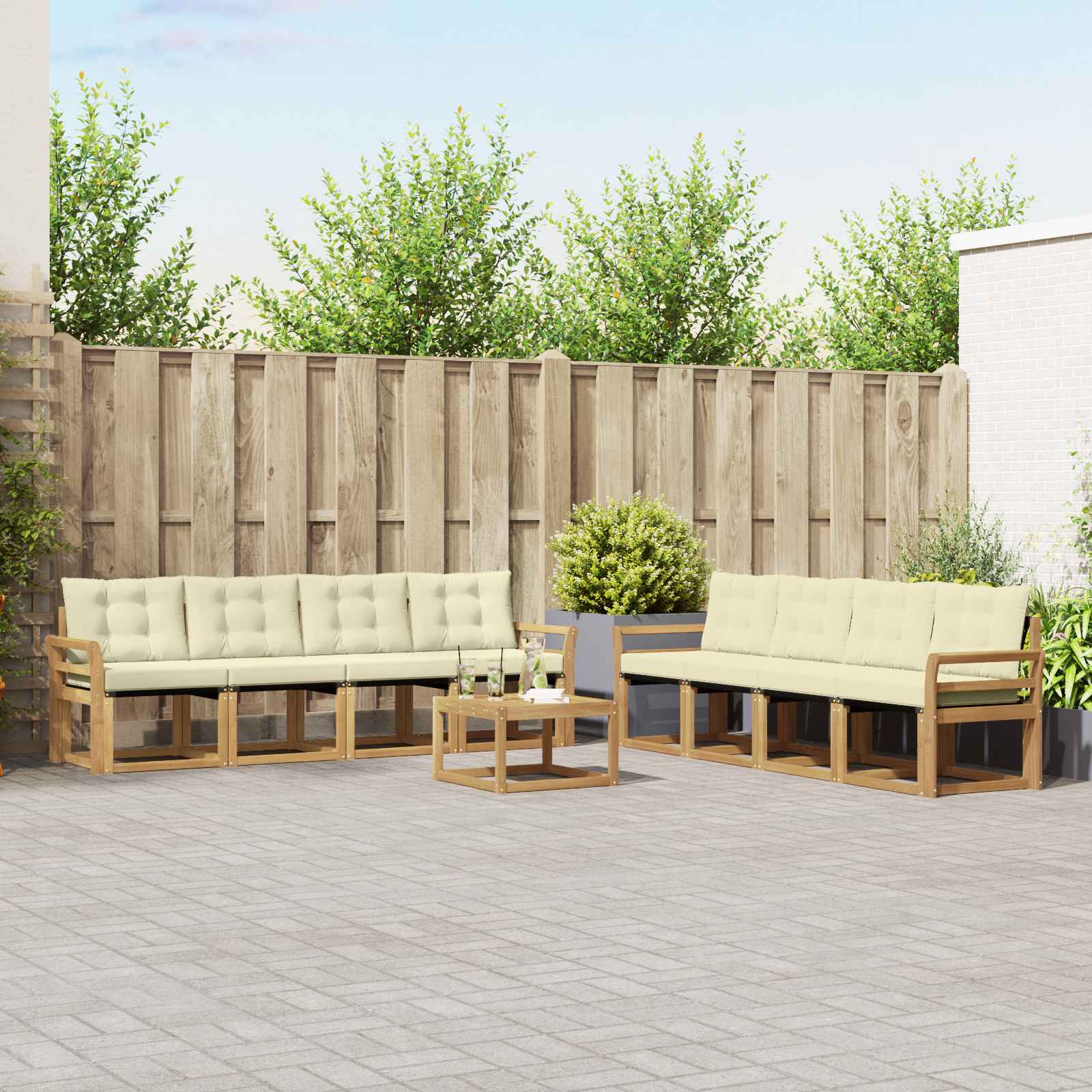 Buiten bankenset met kussen 9 pcs Wit en crèmekleurig