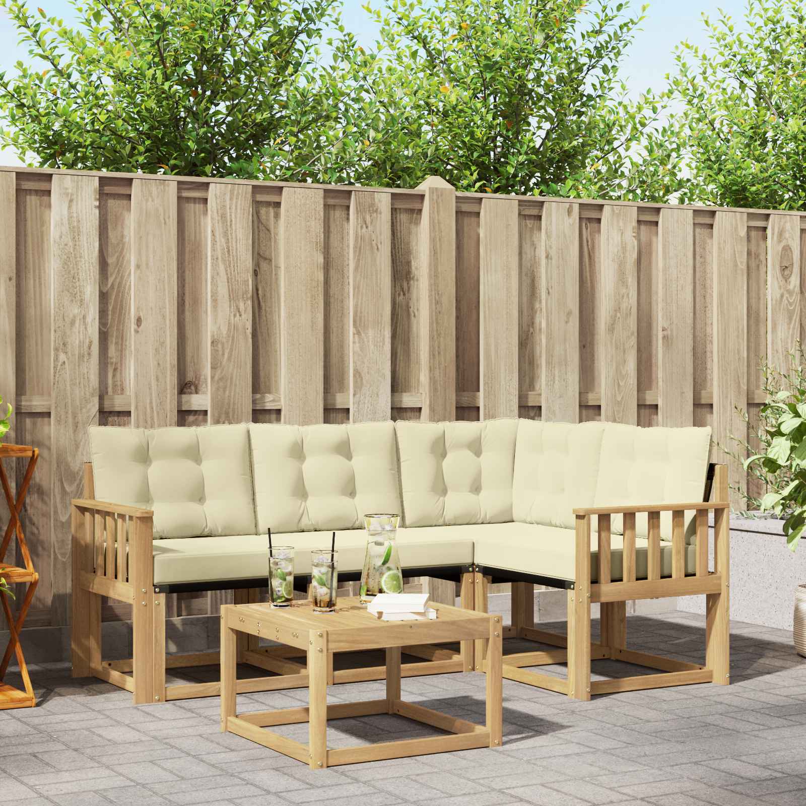 Buiten bankenset met kussen 5 pcs Wit en crèmekleurig – afbeelding 1