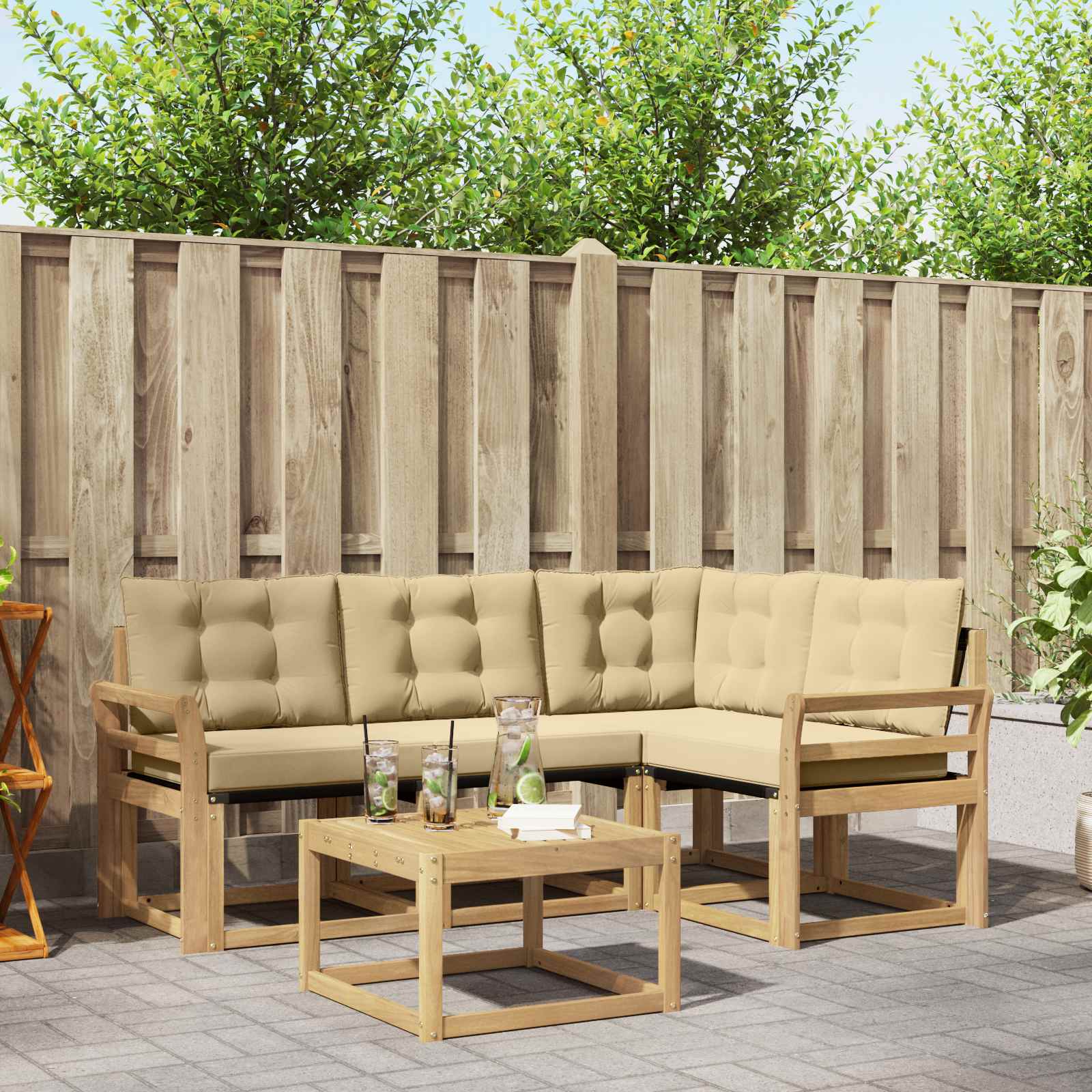 Buiten bankenset met kussen 5 pcs Wit en Beige – afbeelding 1