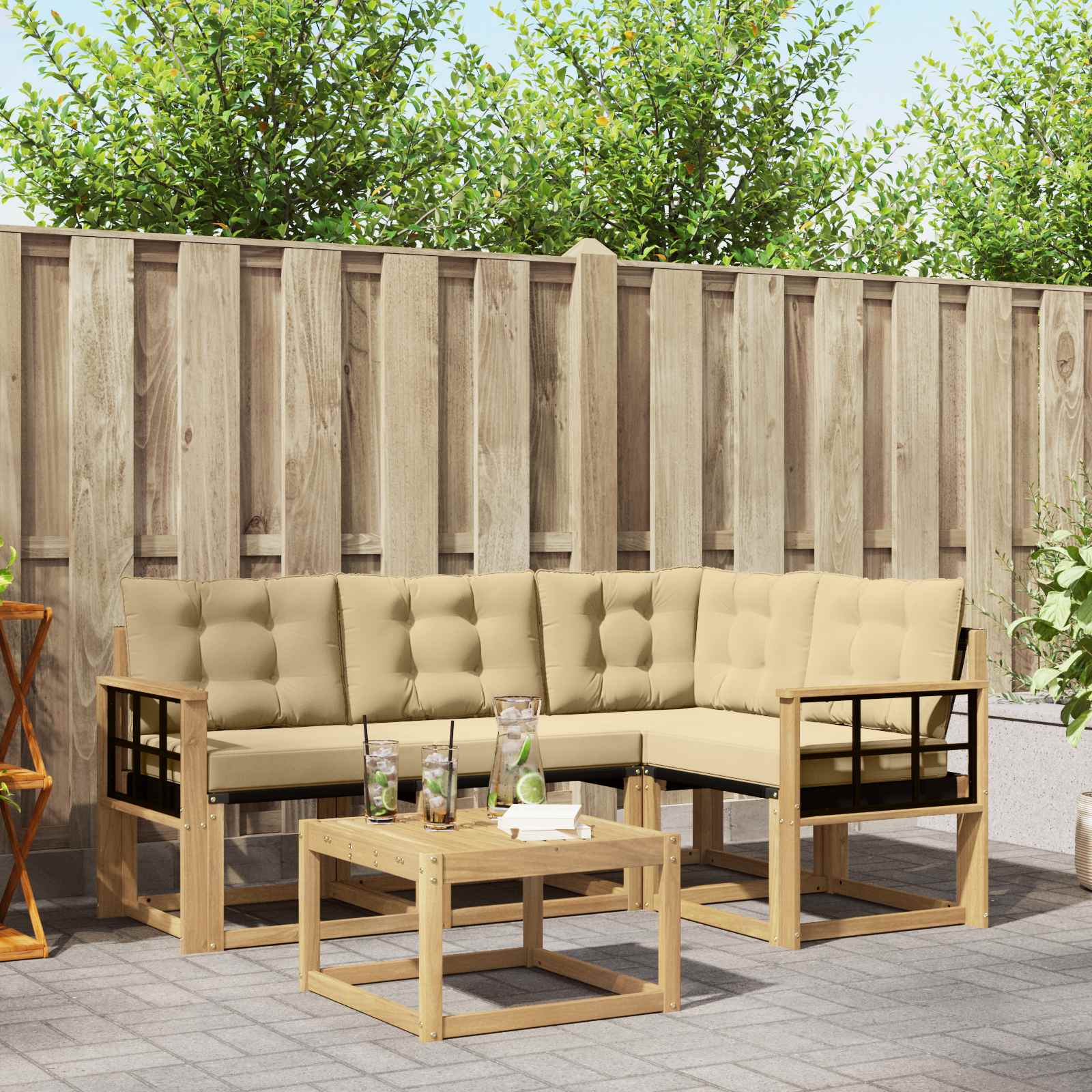 Buiten bankenset met kussen 5 pcs Wit en Beige – afbeelding 1