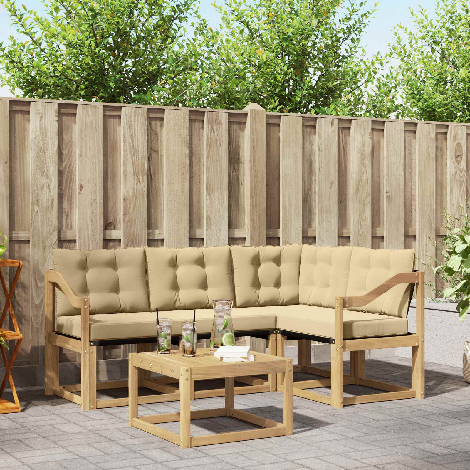 Buiten bankenset met kussen 5 pcs Wit en Beige – afbeelding 1