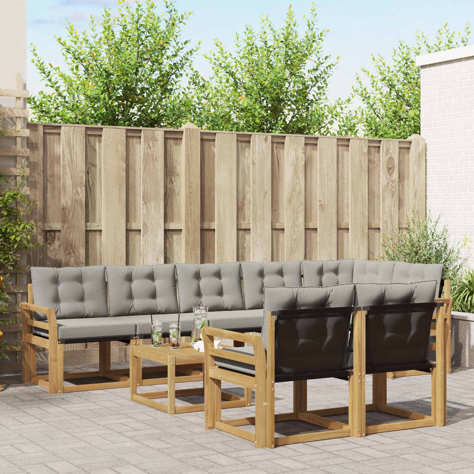 Buiten bankenset met kussen 9 pcs Wit en Lichtgrijs