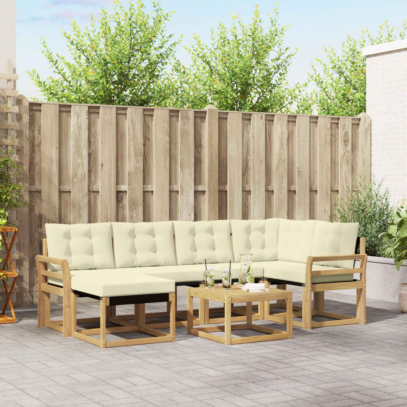 Buiten bankenset met kussen 7 pcs Wit en crèmekleurig – afbeelding 1