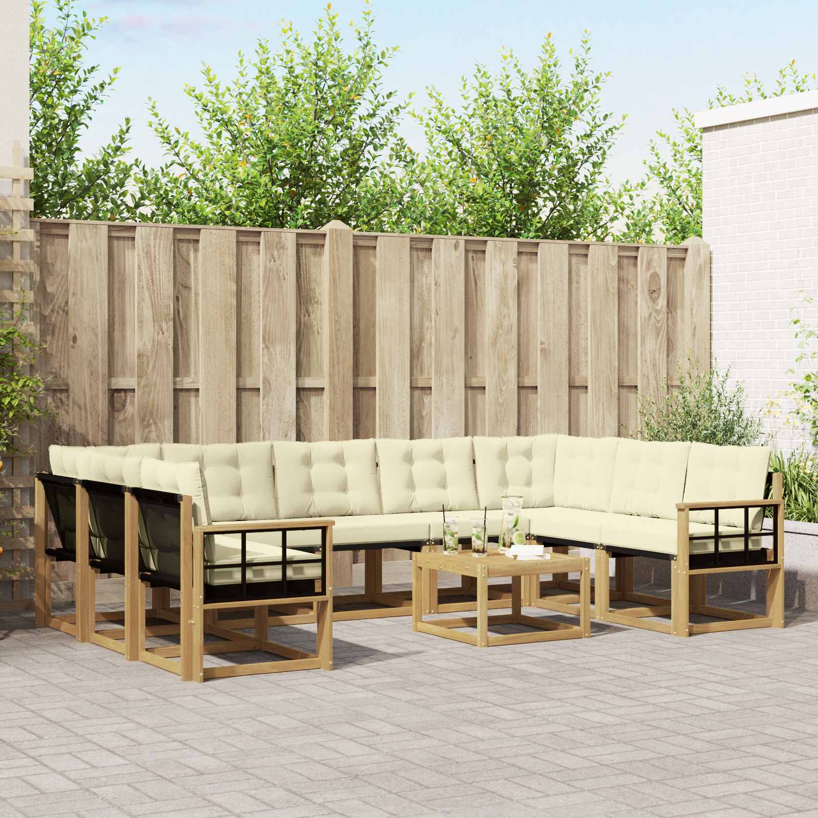 Buiten bankenset met kussen 10 pcs Wit en crèmekleurig – afbeelding 1