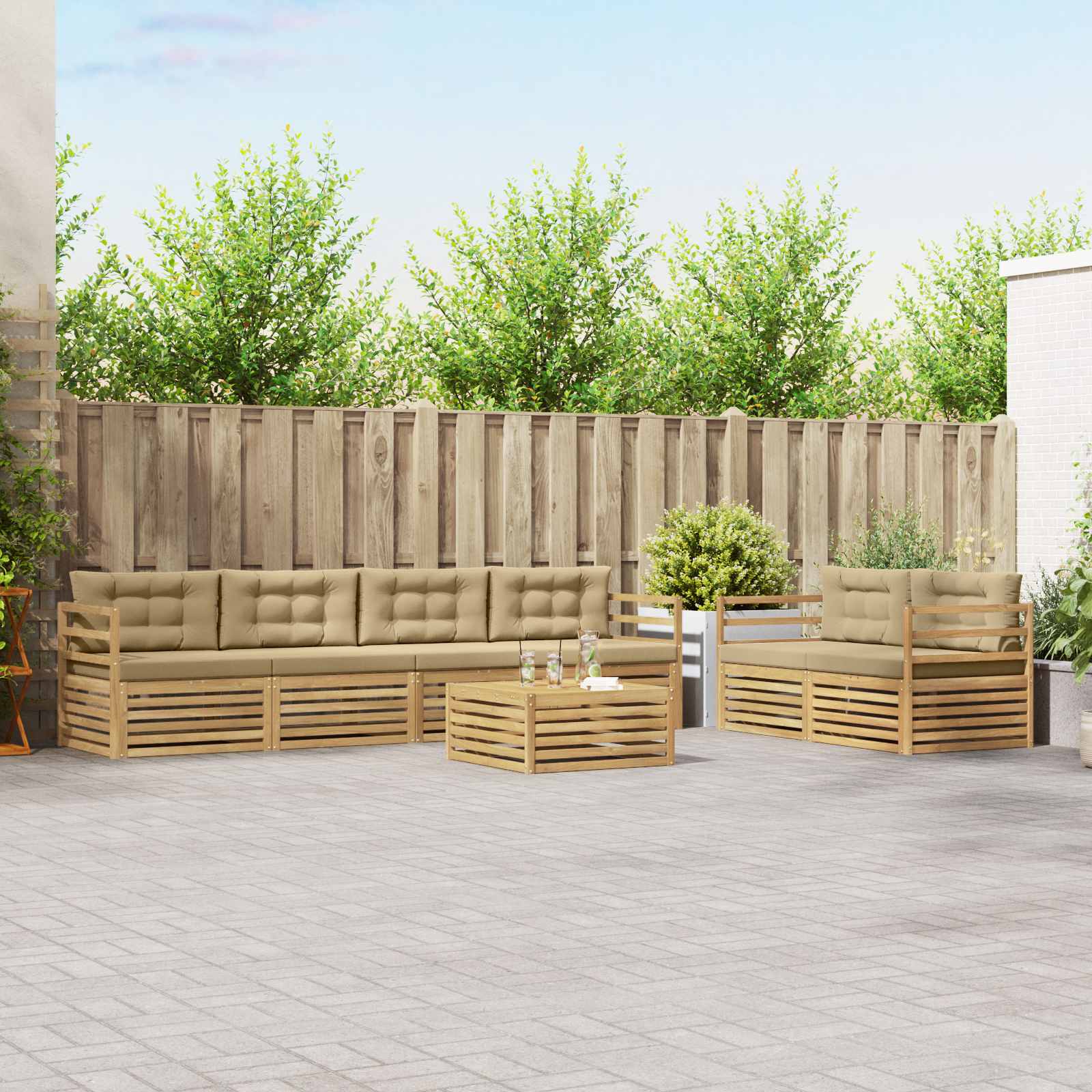 Buiten bankenset met kussen 7 pcs Wit en Beige Polyester