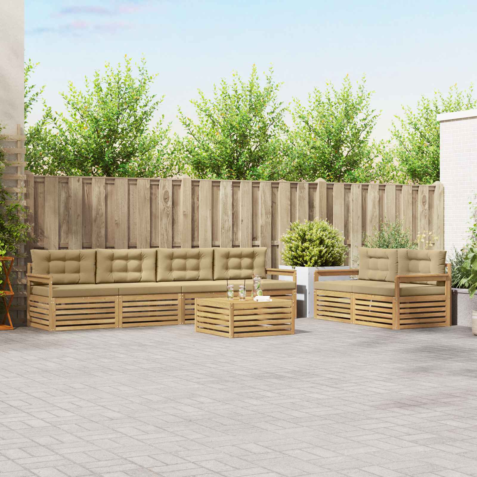 Buiten bankenset met kussen 7 pcs Wit en Beige Polyester