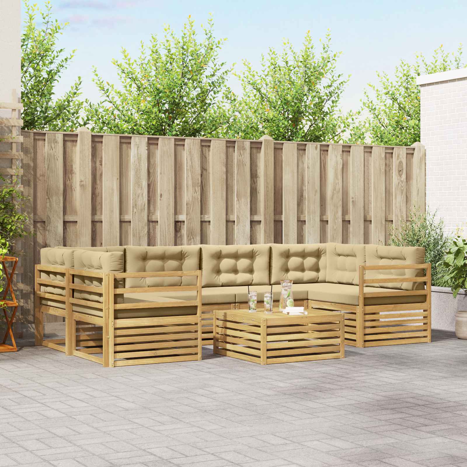 Buiten bankenset met kussen 7 pcs Wit en Beige Polyester