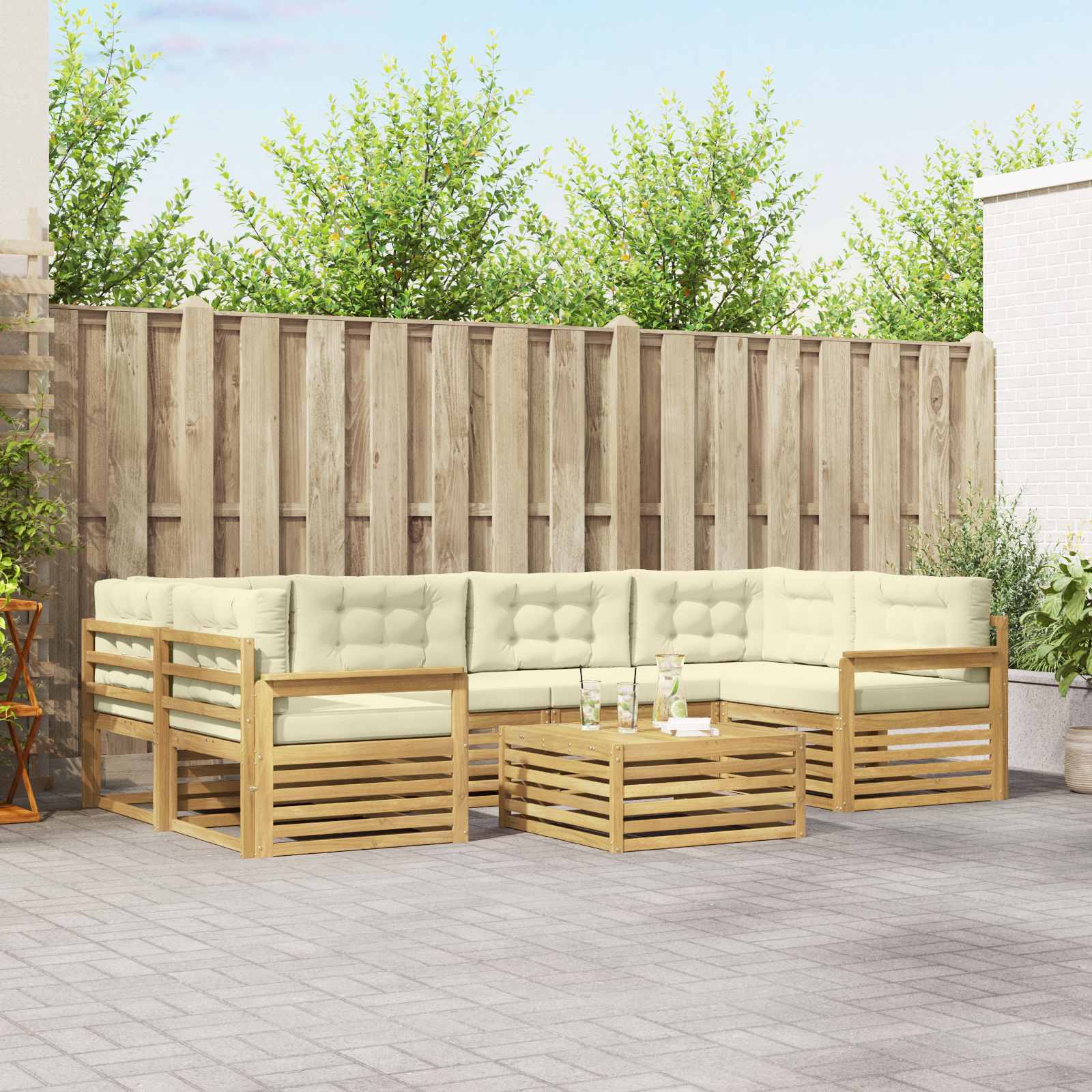 Buiten bankenset met kussen 7 pcs Wit en crèmekleurig Polyester – afbeelding 1