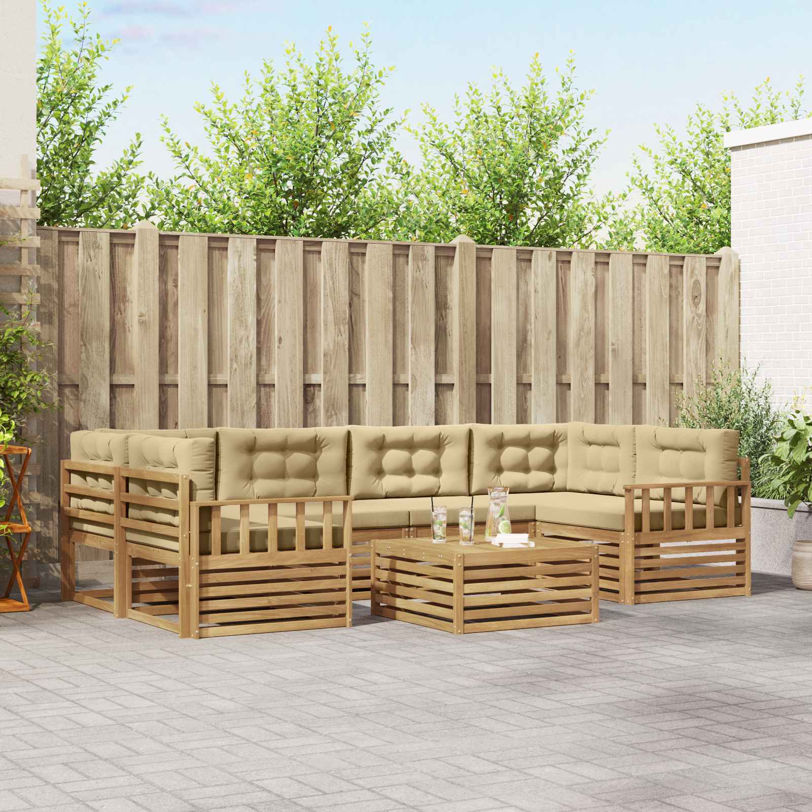 Buiten bankenset met kussen 7 pcs Wit en Beige Polyester – afbeelding 1