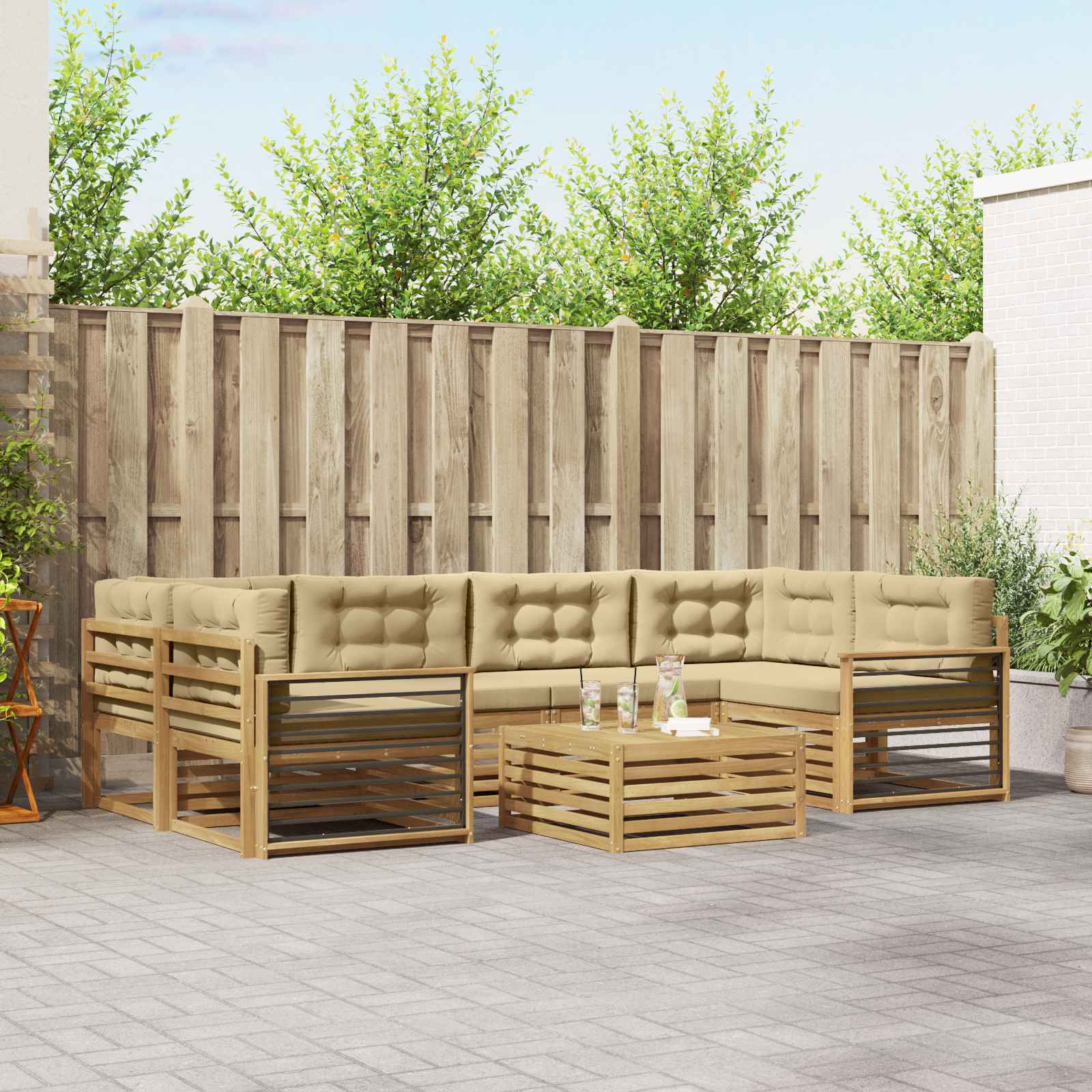 Buiten bankenset met kussen 7 pcs Wit en Beige Polyester – afbeelding 1