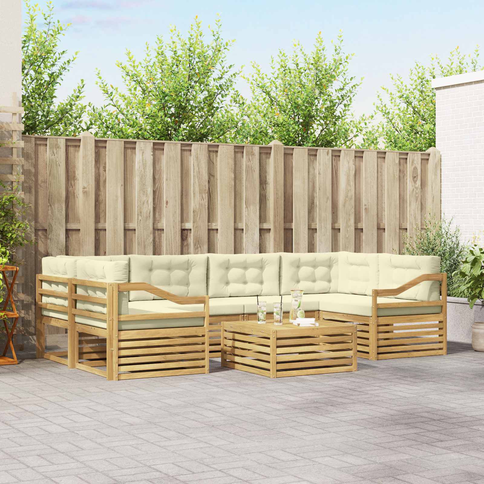 Buiten bankenset met kussen 7 pcs Wit en crèmekleurig Polyester – afbeelding 1