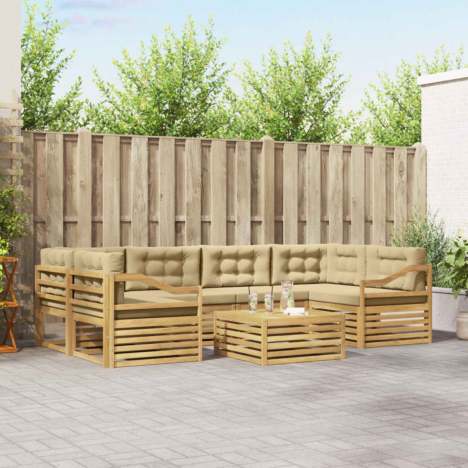 Buiten bankenset met kussen 7 pcs Wit en Beige Polyester – afbeelding 1