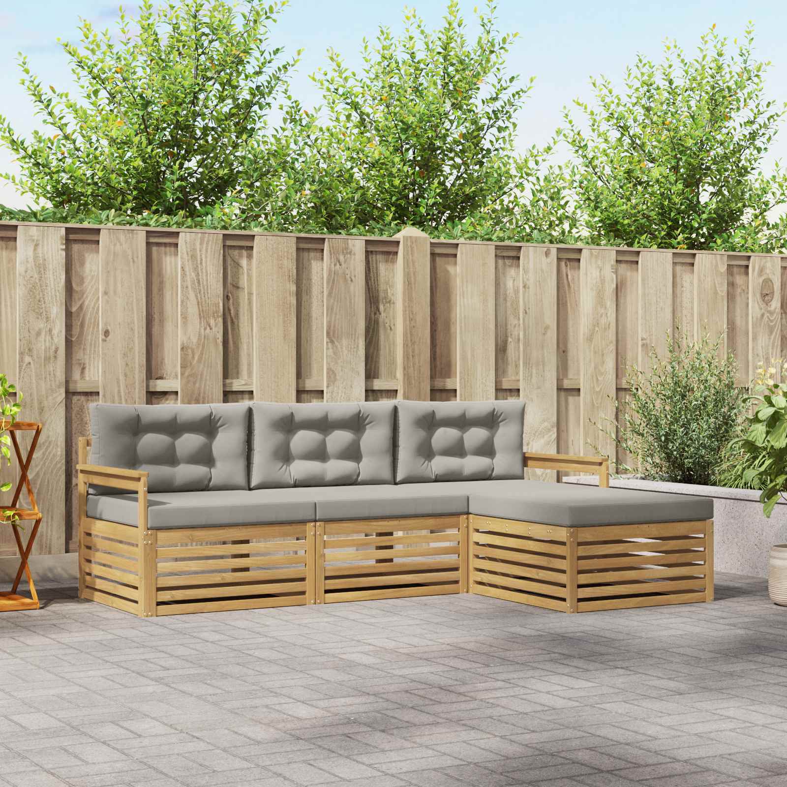 Buiten bankenset met kussen 4 pcs Wit en Lichtgrijs Polyester