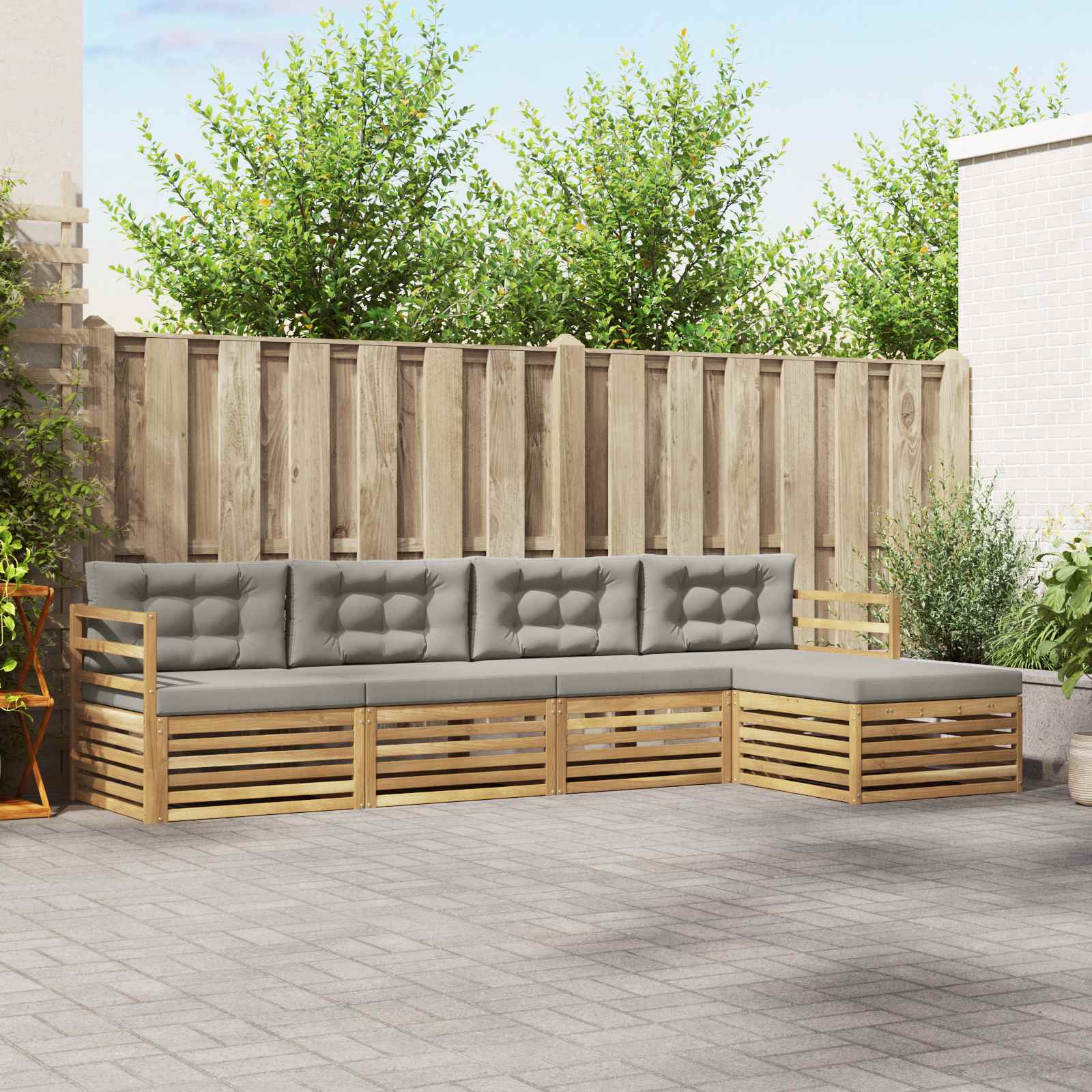 Buiten bankenset met kussen 5 pcs Wit en Lichtgrijs Polyester