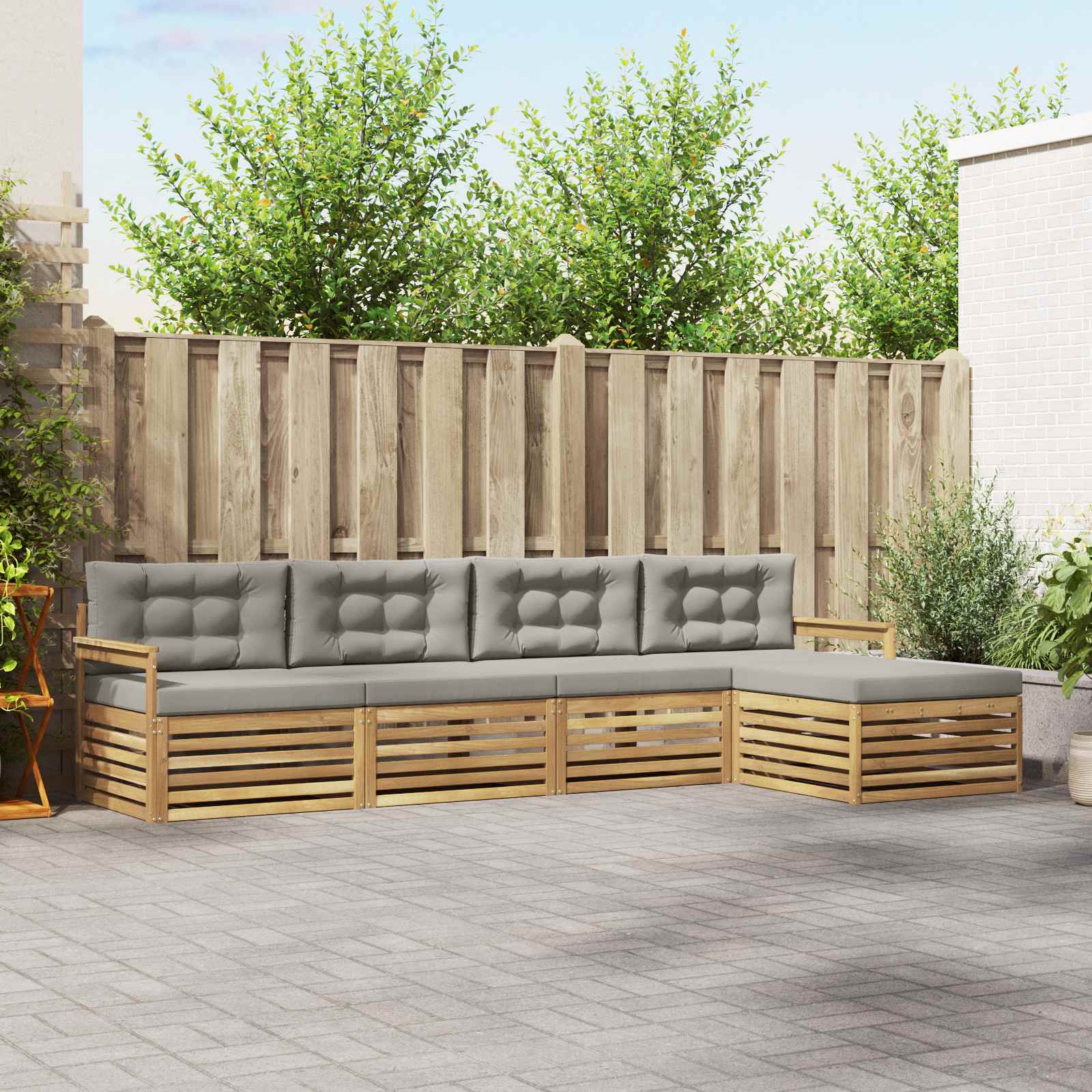 Buiten bankenset met kussen 5 pcs Wit en Lichtgrijs Polyester – afbeelding 1