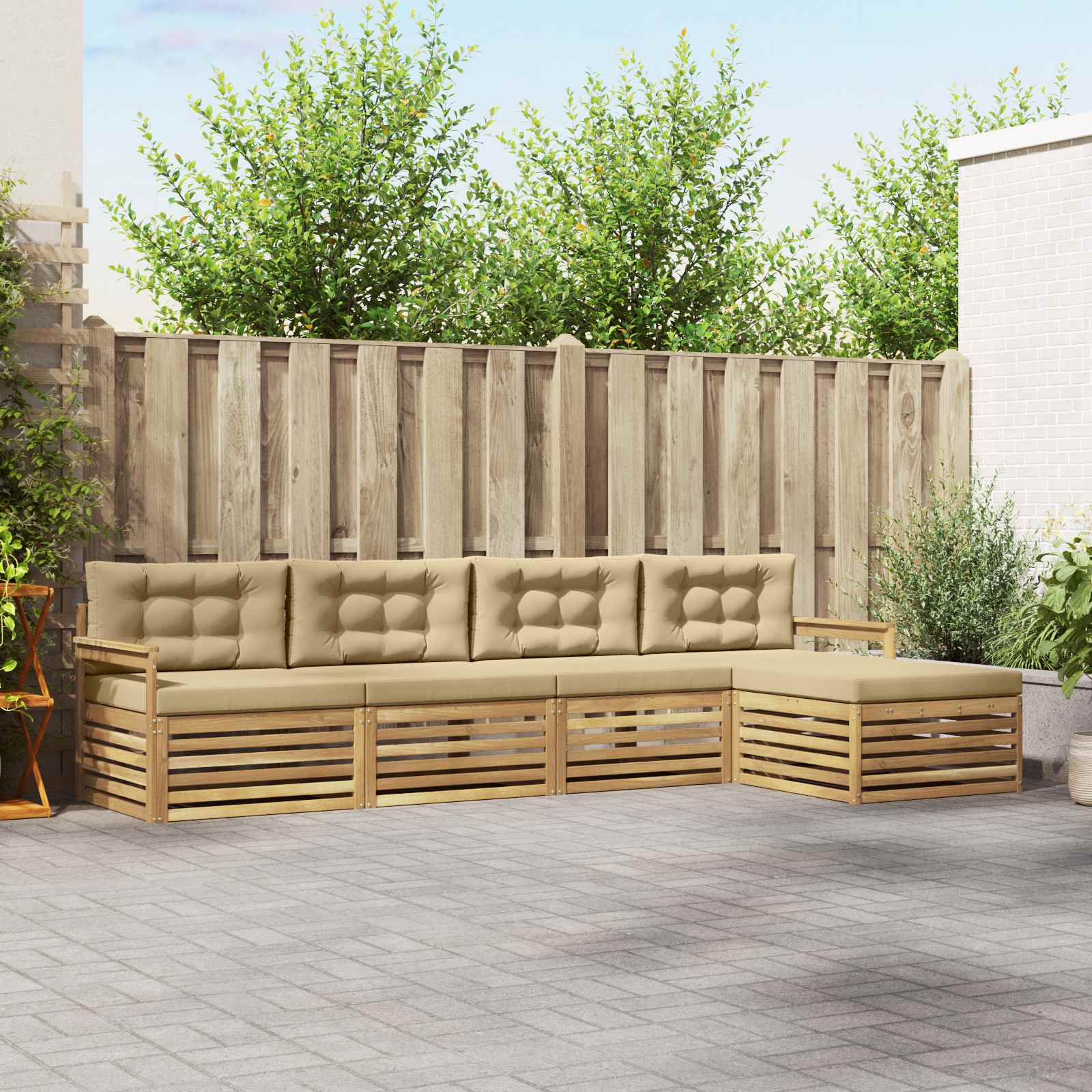 Buiten bankenset met kussen 5 pcs Wit en Beige Polyester – afbeelding 1