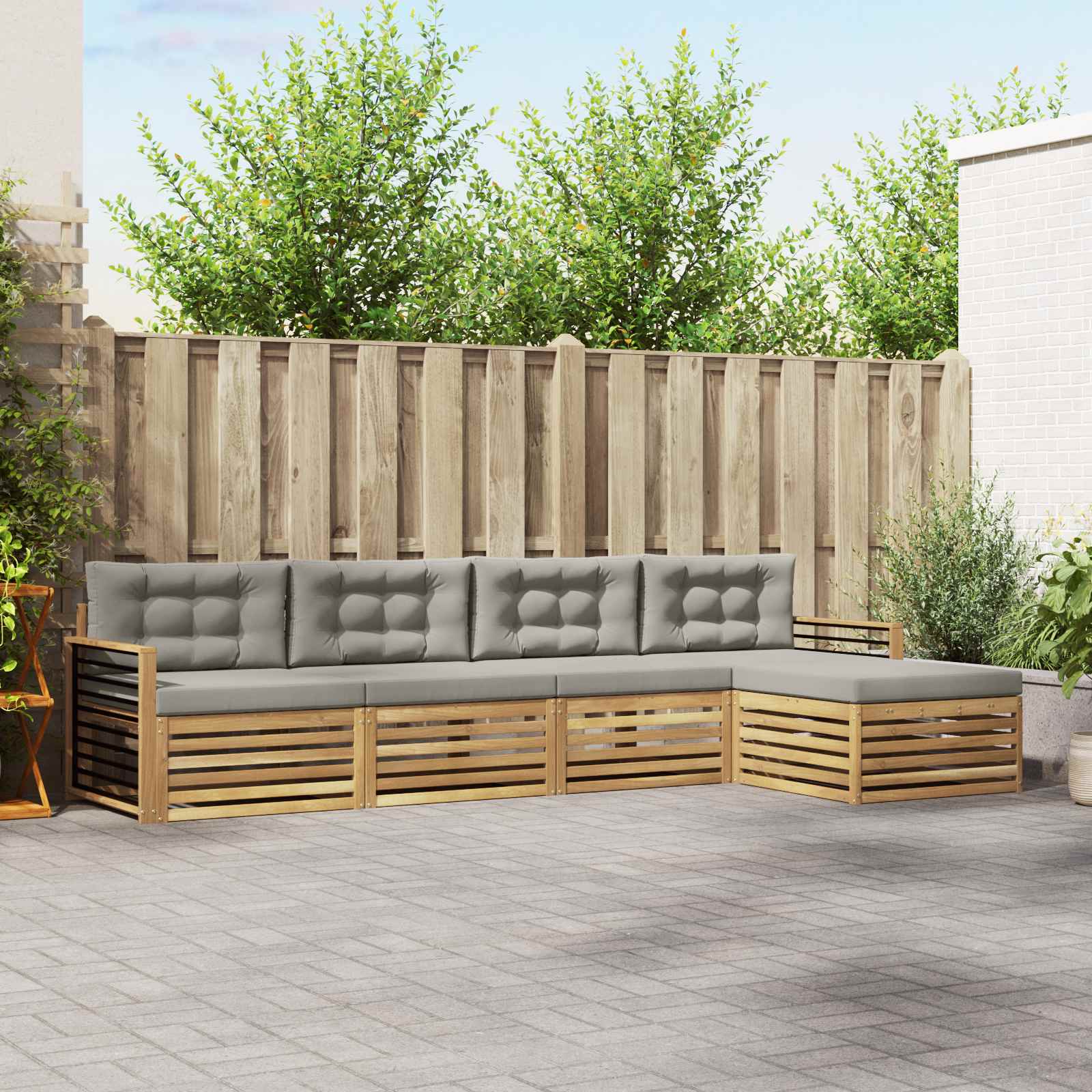 Buiten bankenset met kussen 5 pcs Wit en Lichtgrijs Polyester